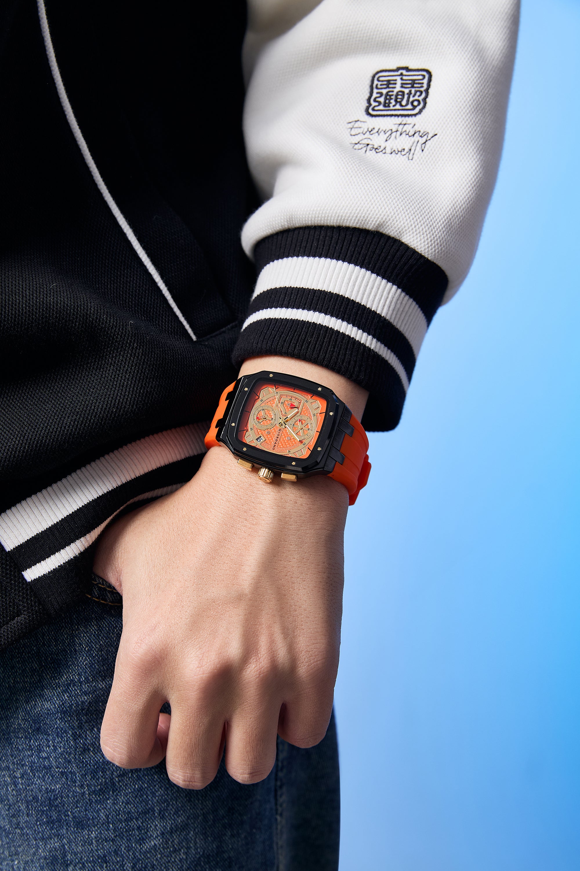 Giordano Analog Watch for Men with Chronograph Subdials, Black Square Case, Date Display, Quartz Movement, Red Silicone Strap GZ-50204-55