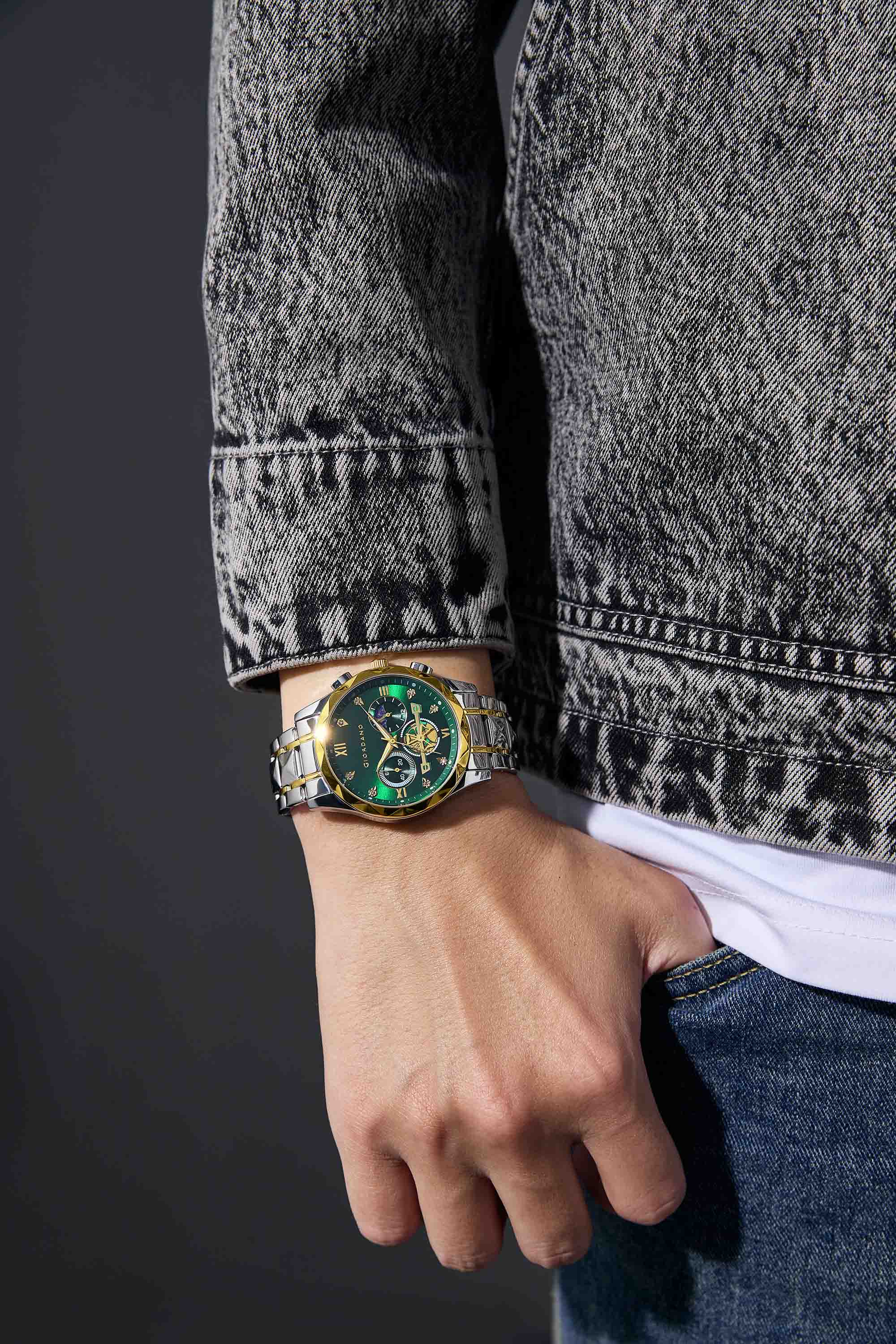 Giordano Chronograph Analog Quartz Watch for Men with Green Dial, Multifunction Subdials, Sun Moon Display, Crystal Hour Markers, Roman Numerals, Dual-Tone Stainless Steel Strap - GZ-50236-33