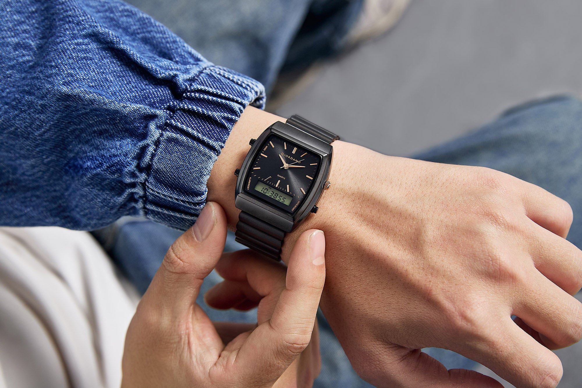 Giordano Analog Digital Watch for Men with Square Black Dial, Day Function, Black Stainless Steel Strap - GZ-50207-11