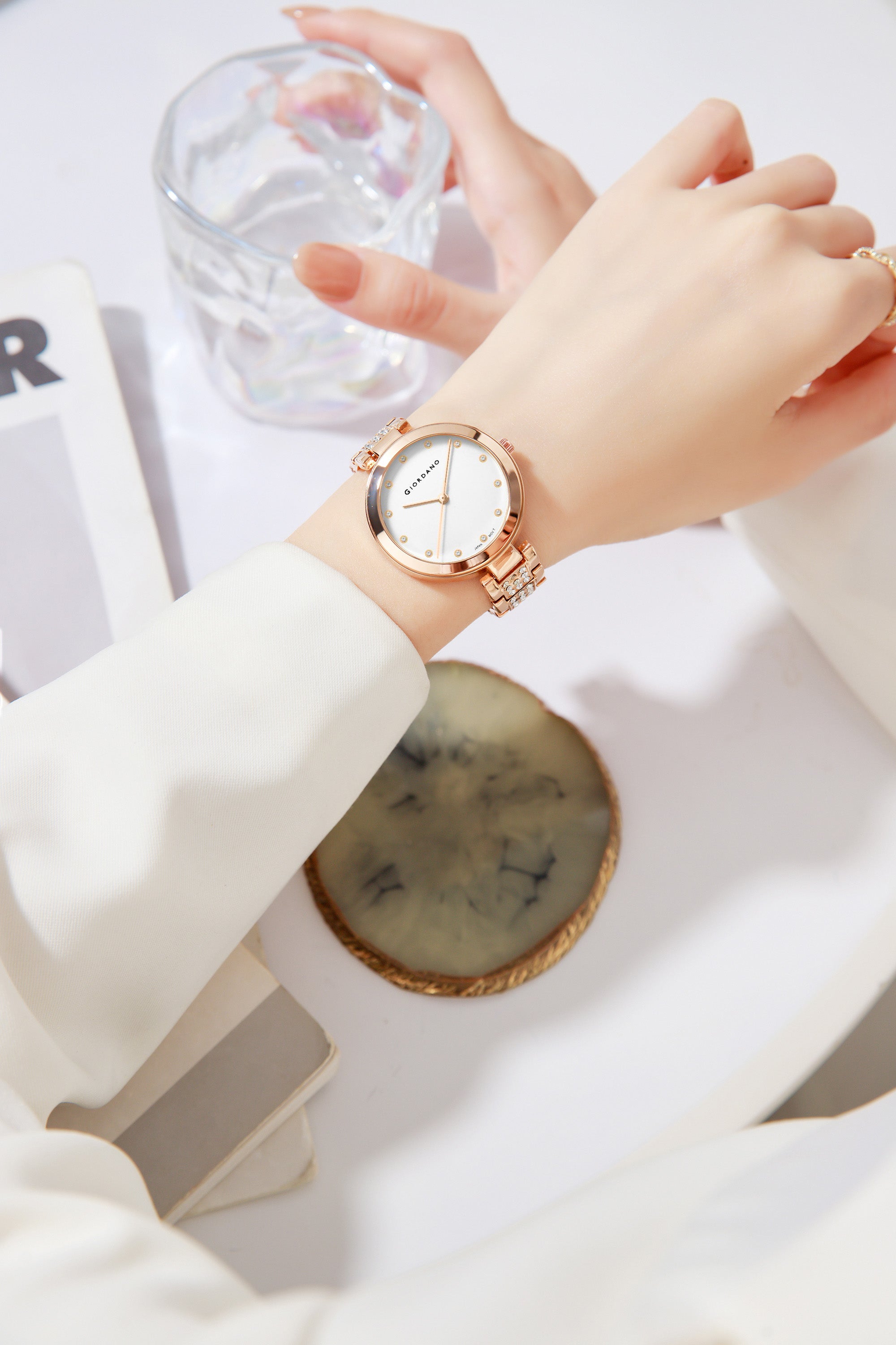 Giordano Eleganza Collection Analog Watch for Women with Crystal-Studded Strap & Diamond Indices - A2037-33