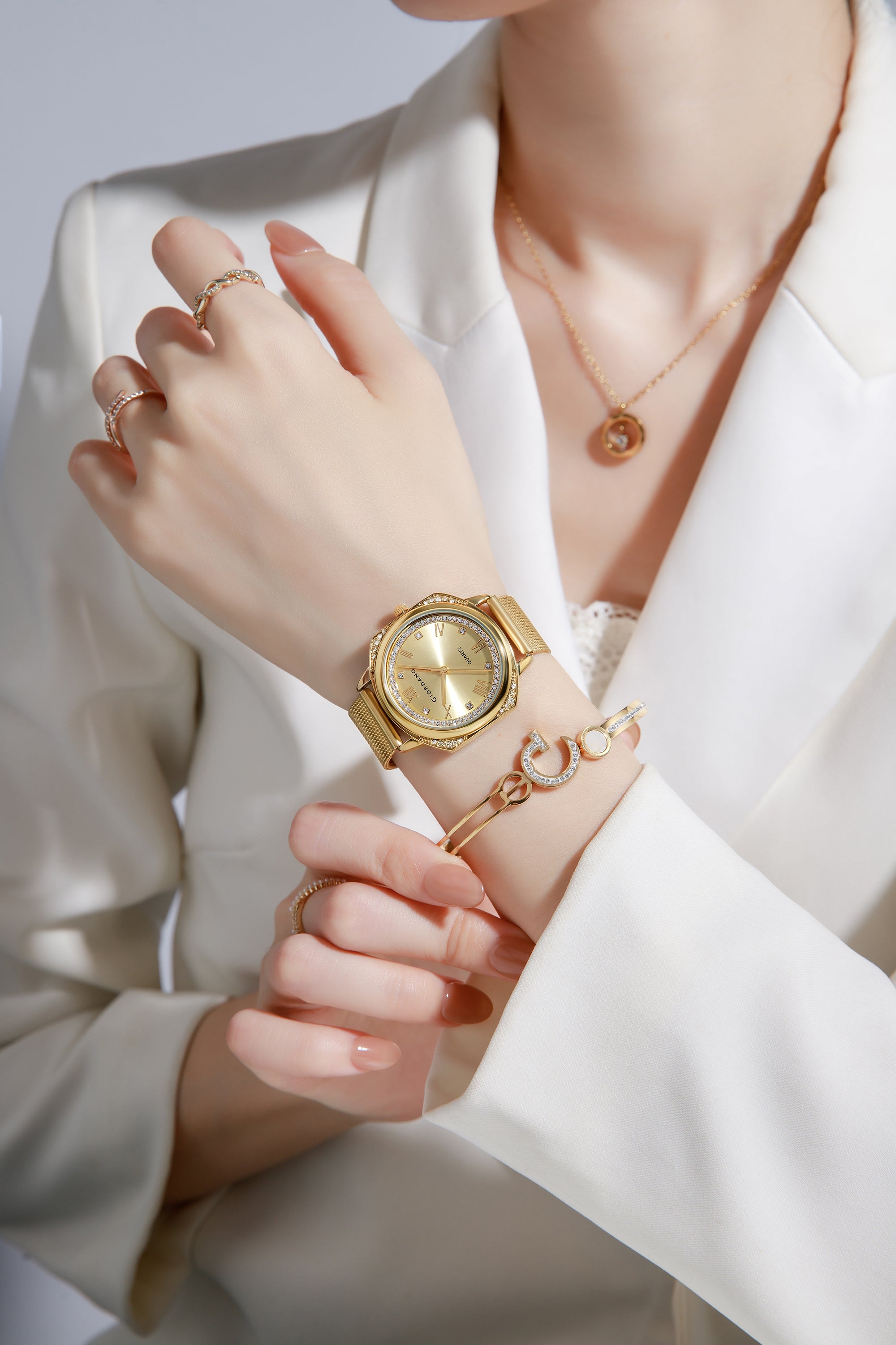 Giordano Gold Analog Quartz Watch Gift Set for Women – 3 Piece Combo with Mesh Strap, Roman Numeral Crystal Studded Dial, Pendant Necklace & Bangle Bracelet, Fashion Jewelry Set - GZ-60183-11