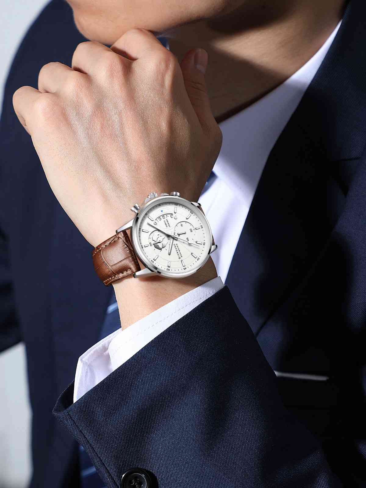 Giordano Mutifunction Watch for Men with Silver Dial, Date Display and Leather Strap GZ-50165-02