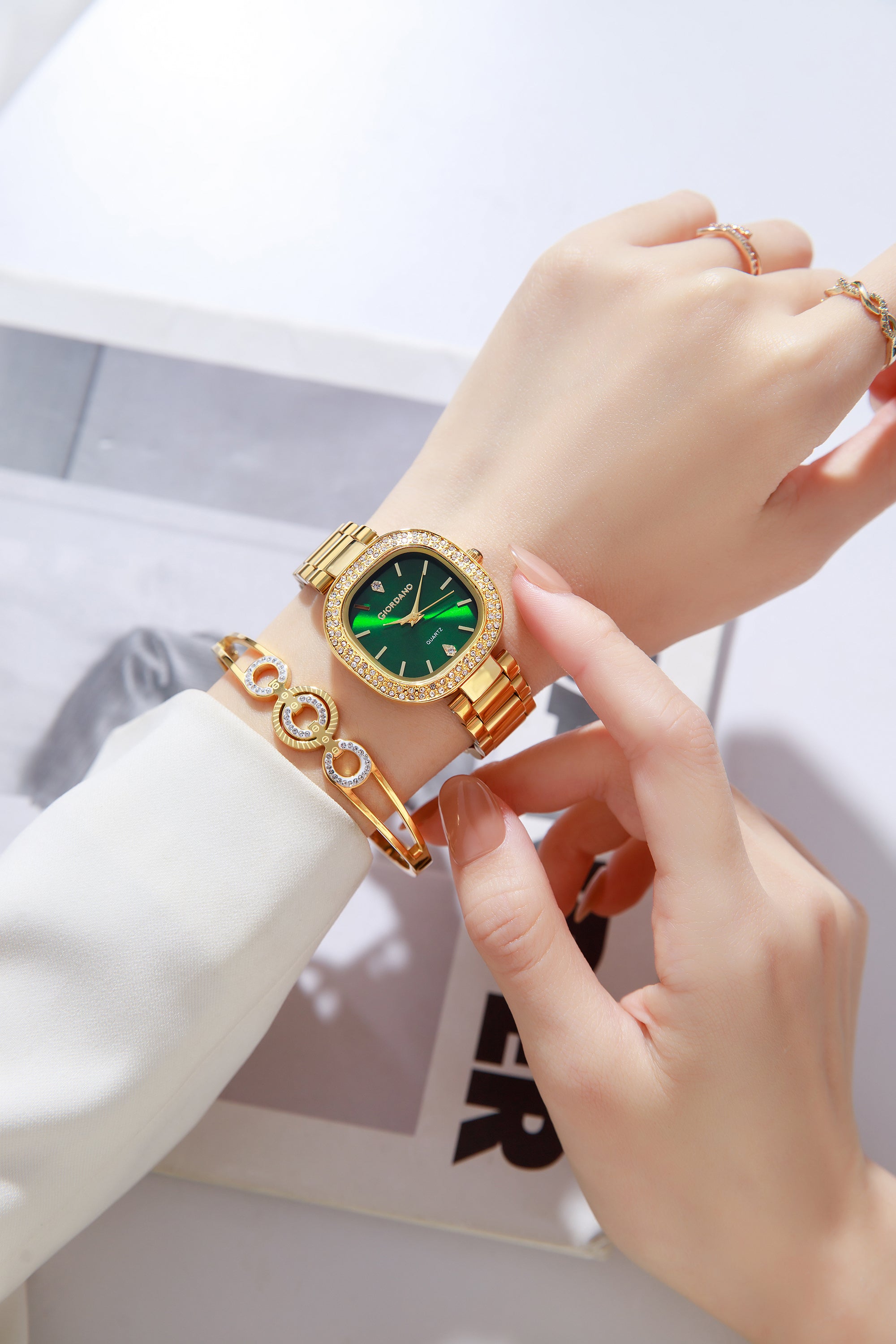 Giordano Analog Quartz Watch for Women with Bangle Square Green Dial, Blue Crown, Crystal Studded Hour Markers and Bezel, Gold Stainless Steel Strap - GZ-60166-33