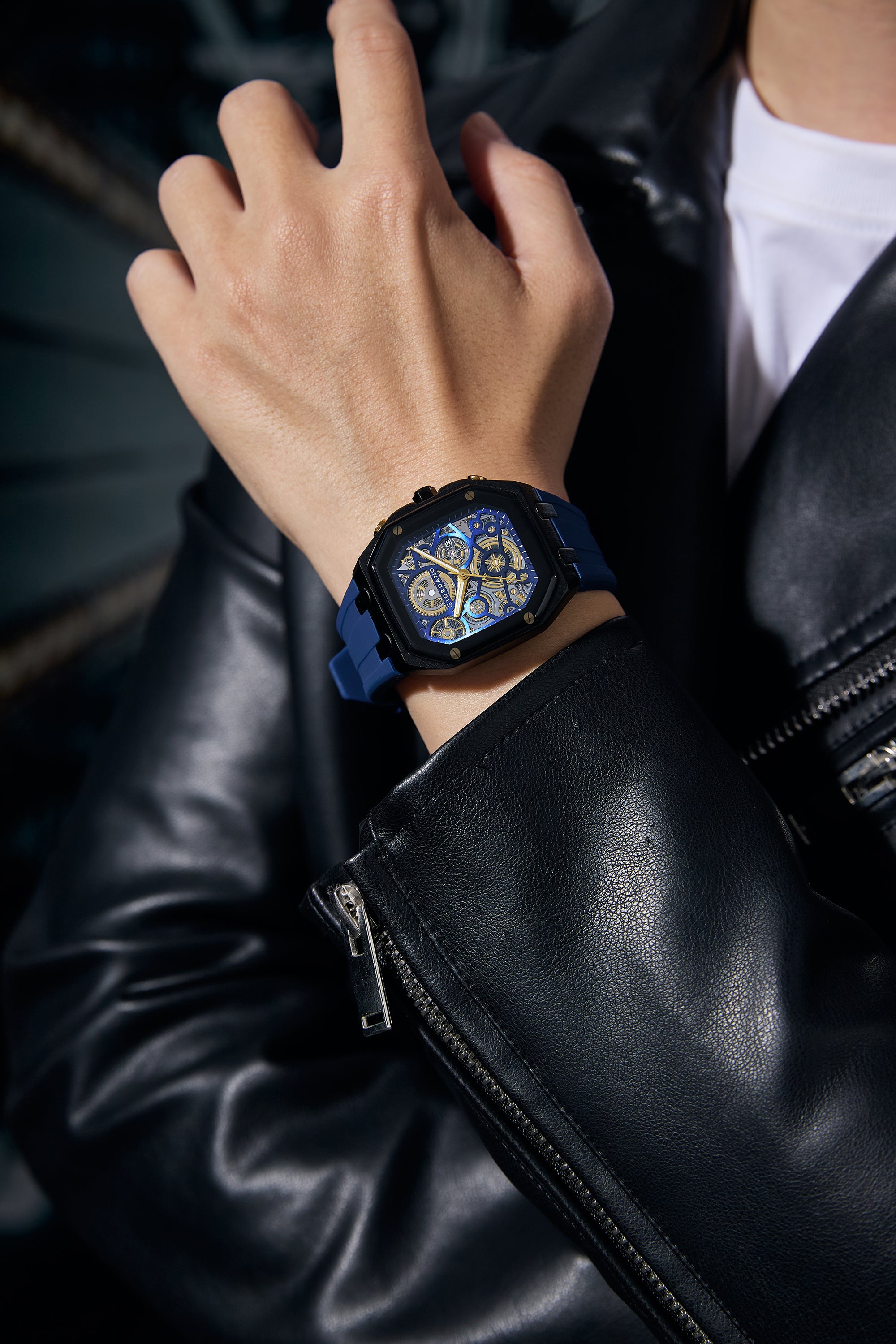 Giordano Skeleton Dial Analog Watch for Men – Black Tone Case, Blue Silicone Strap, Date Display & Transparent Mechanical Design GZ-50221-04
