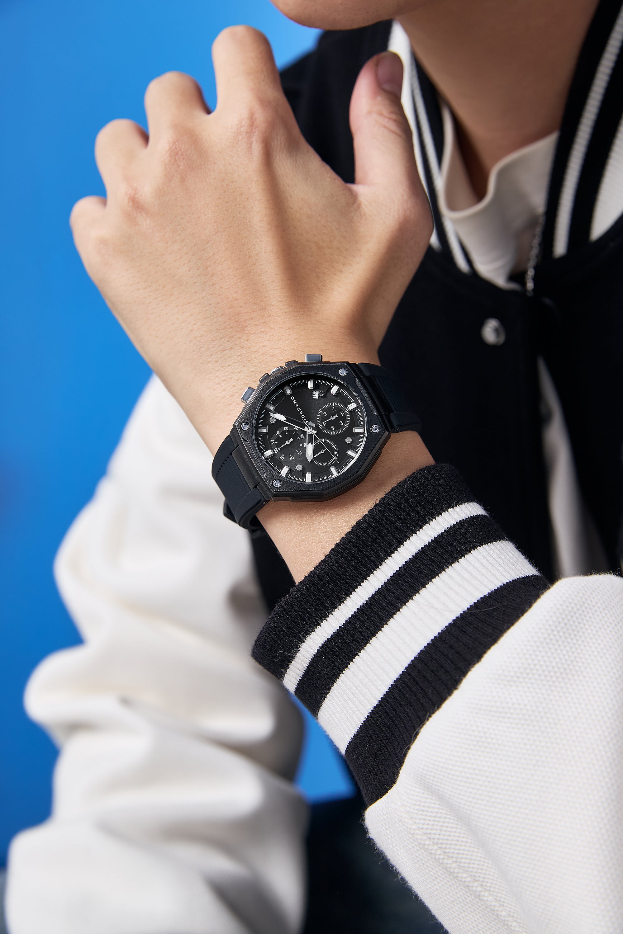 Giordano Chronograph Analog Quartz Watch for Men with Round Black Dial, Octgonal case, Date Function, Luminous Hands and Hour Markers, Black Silicone Strap - GZ-50197-11