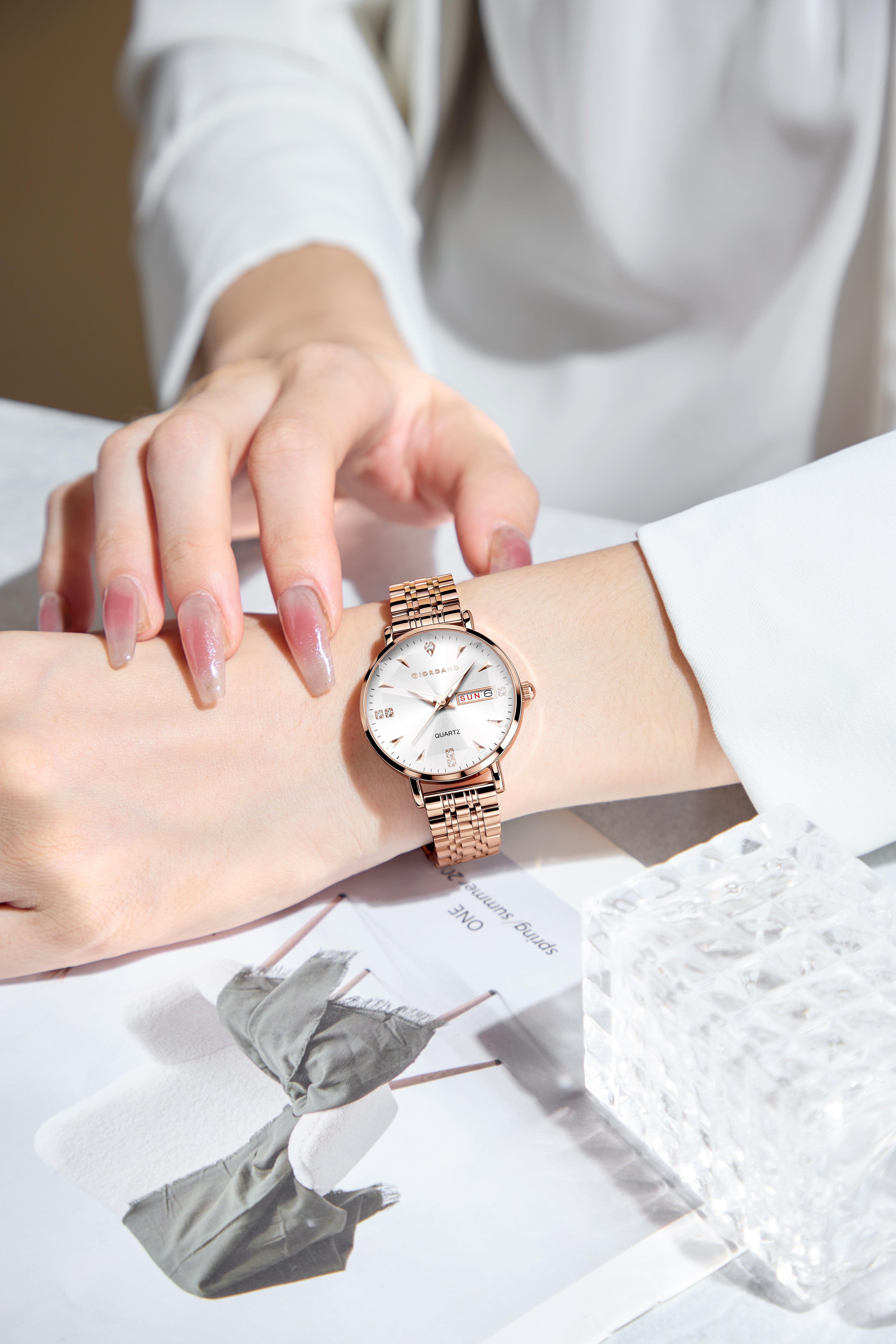 Giordano Rose Gold Analog Watch for Women with Luminous Hands & Markers, Day & Date Display and Stainless Steel Strap - GZ-60139-11