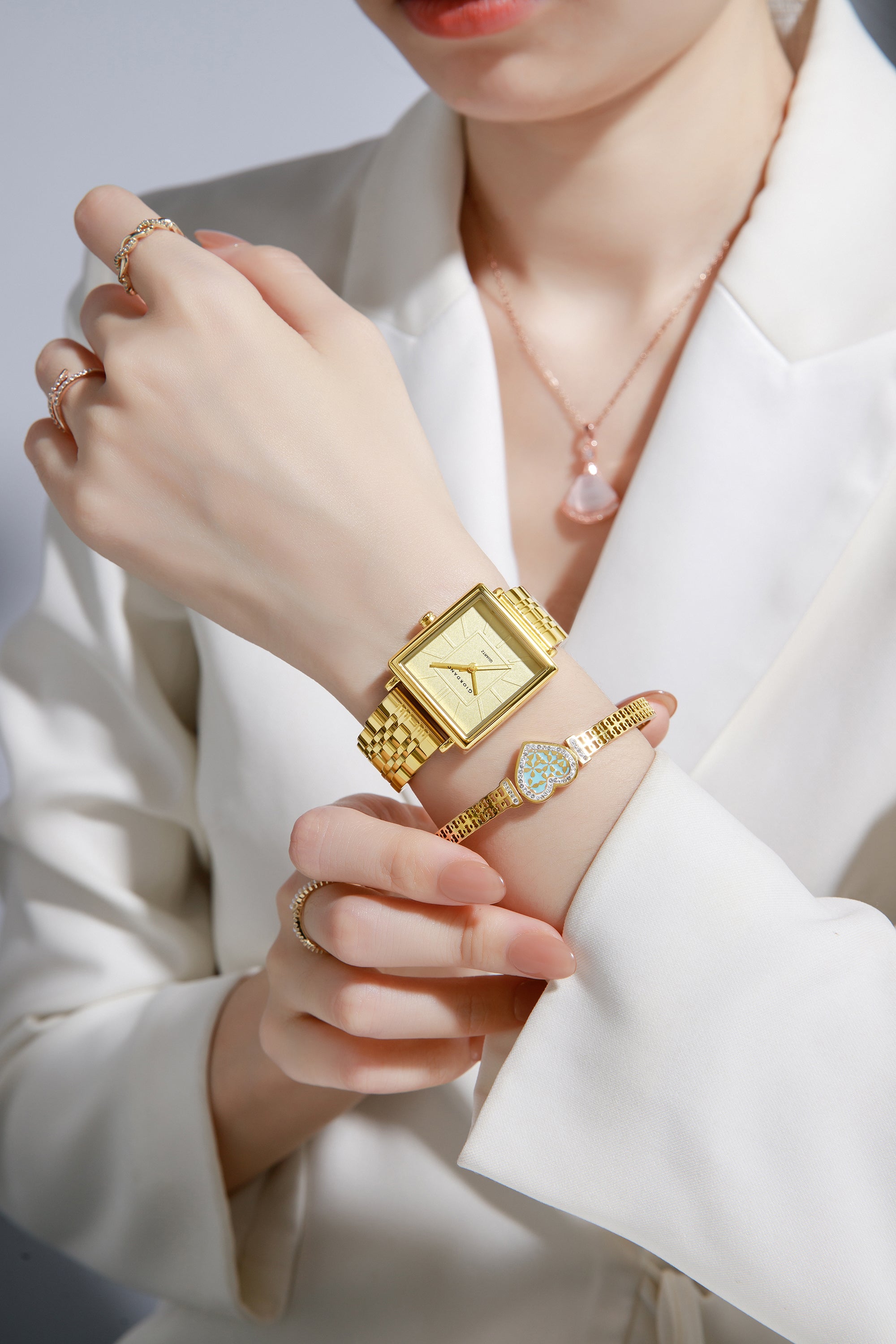 Giordano Gold Analog Quartz Watch Gift Set for Women – 3 Piece Combo with Rose Gold Mother of Pearl Fan Pendant Necklace & Crystal Heart Charm Bangle Bracelet, Fashion Jewelry Set - GZ-60180-11