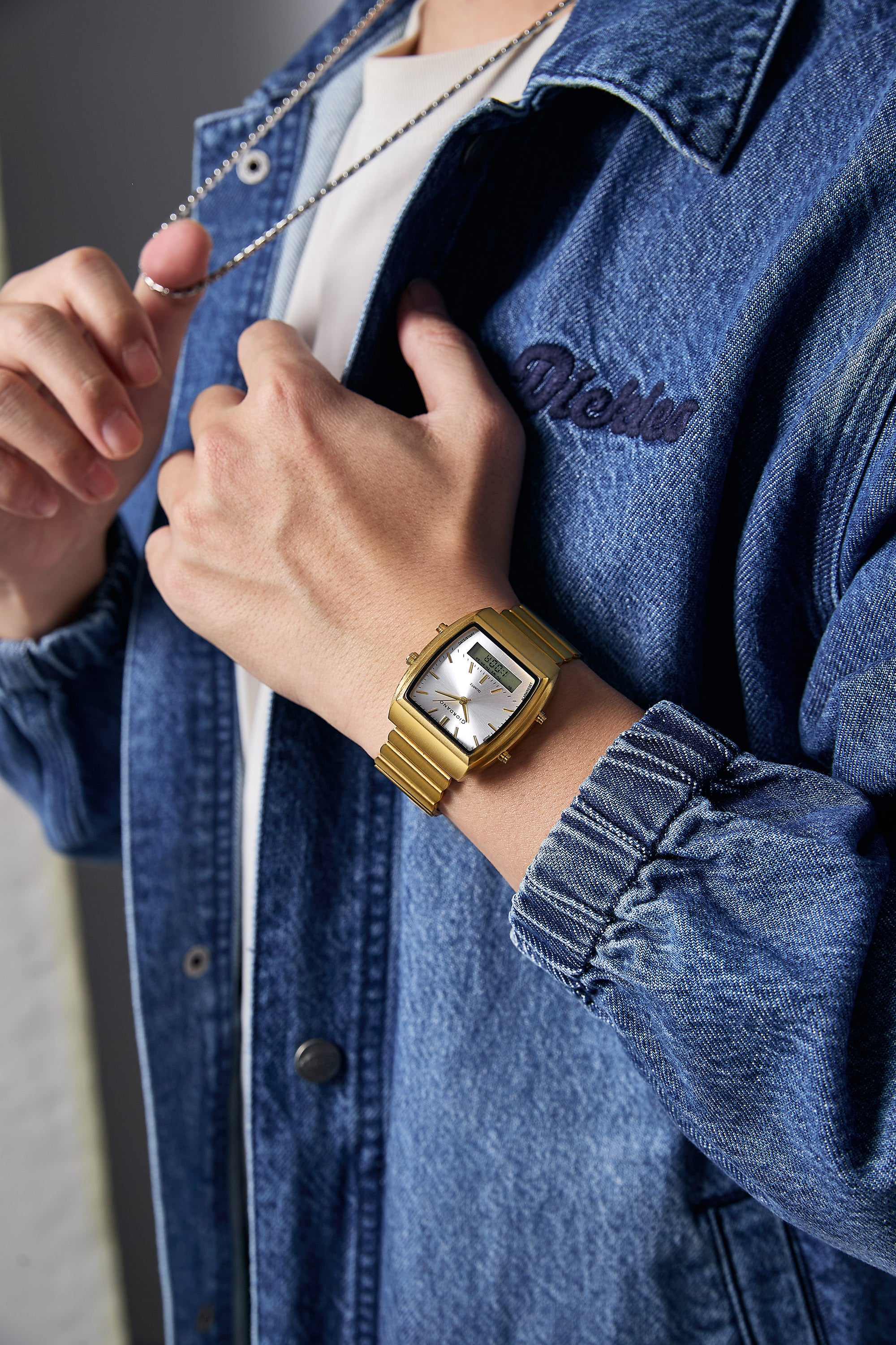 Giordano Analog Digital Watch for Men with Square White Dial, Day Function, Gold Stainless Steel Strap - GZ-50207-22