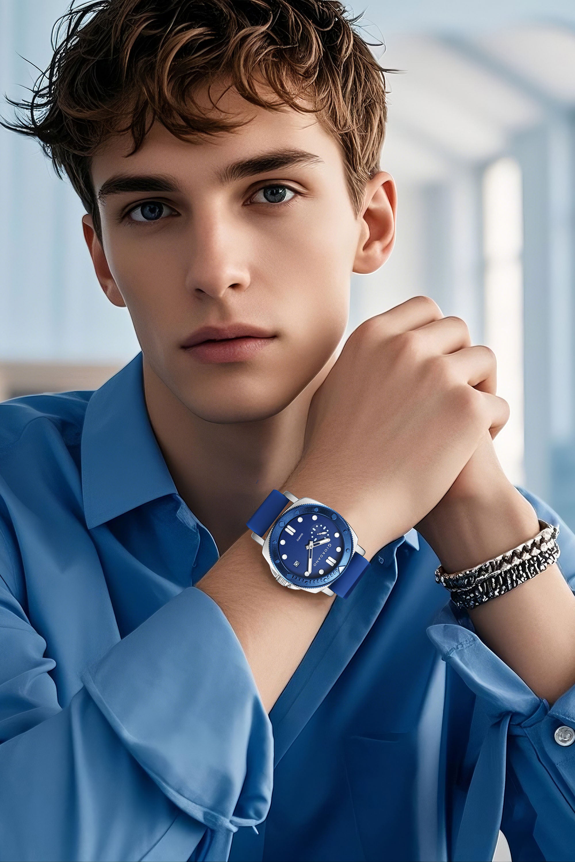 Giordano Analog Quartz Watch for Men with Round Dial, Luminous Hours Markers, Date Display, Small Seconds Sub-Dial and Wavy Pattern Silicone Strap - GZ-50214-02