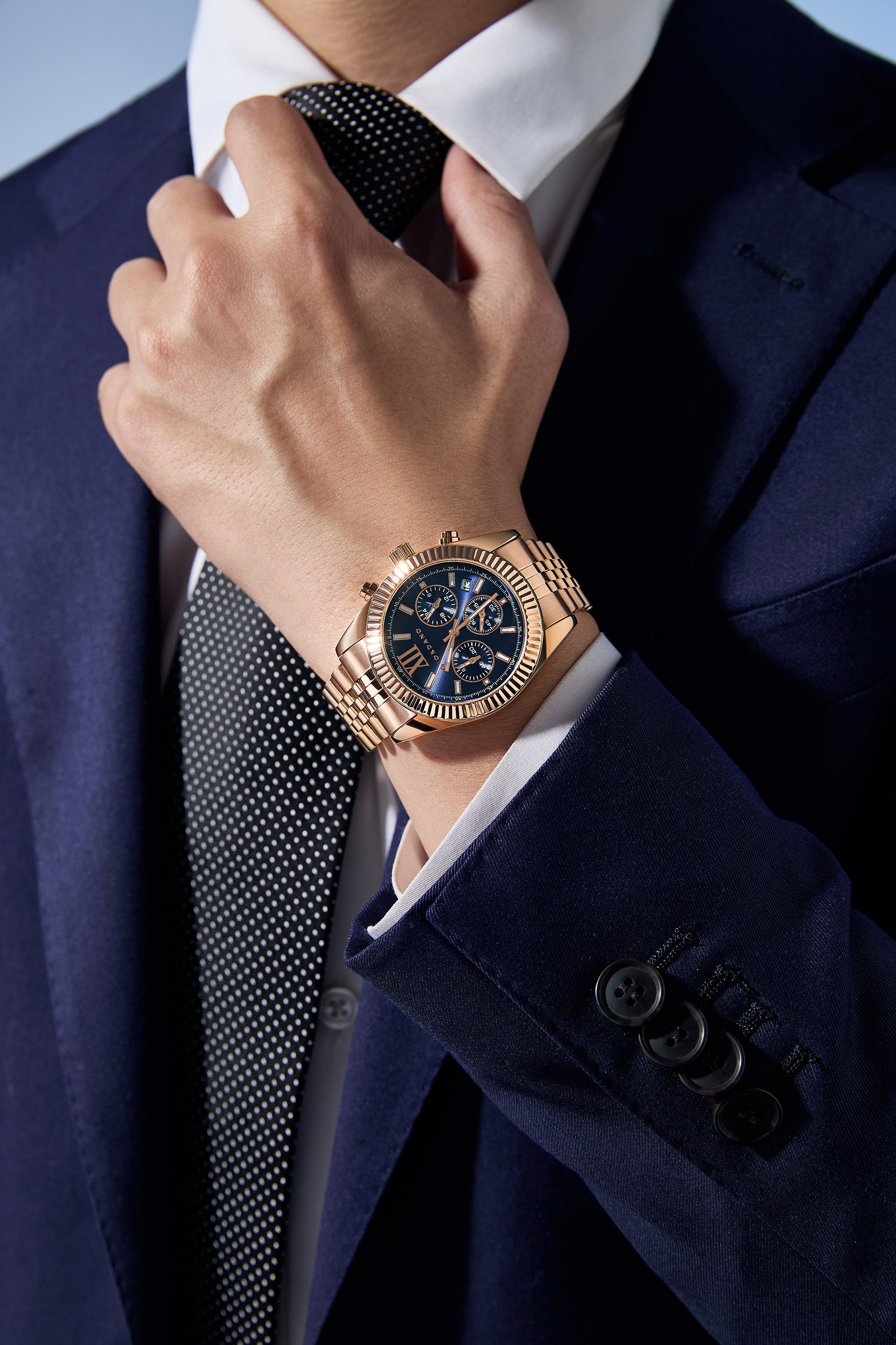 Giordano Chronograph Analog Quartz Watch for Men with Round Blue Dial, Roman indices, Date Function, Luminos hands and Markers, Rose Gold Stainless Steel Strap - GZ-50217-55