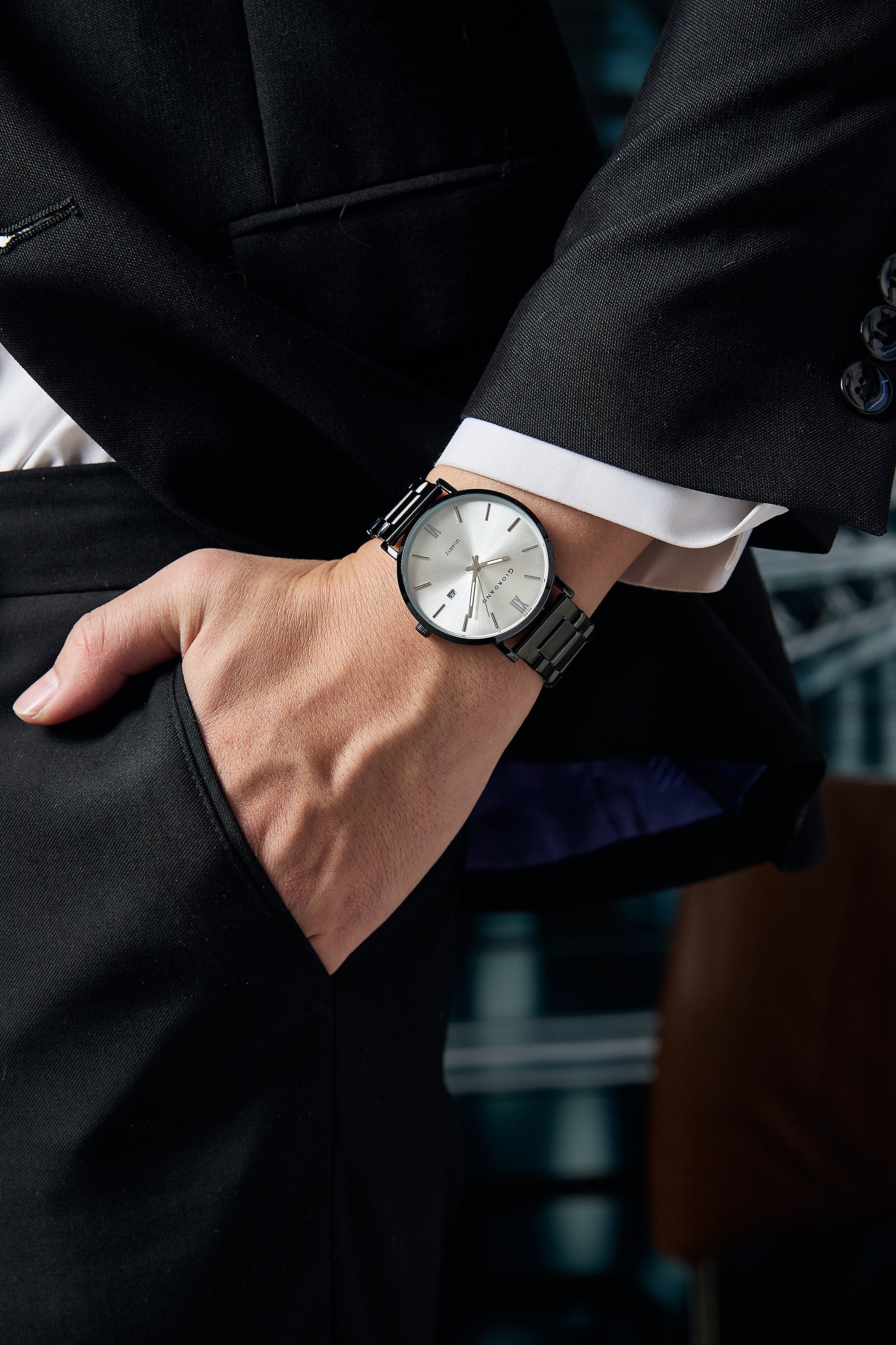 Giordano Analog Quartz Watch for Men with Round White Dial, Roman Indices, Date Function, Luminous Hands, Black Stainless Steel Strap - GZ-50211-11