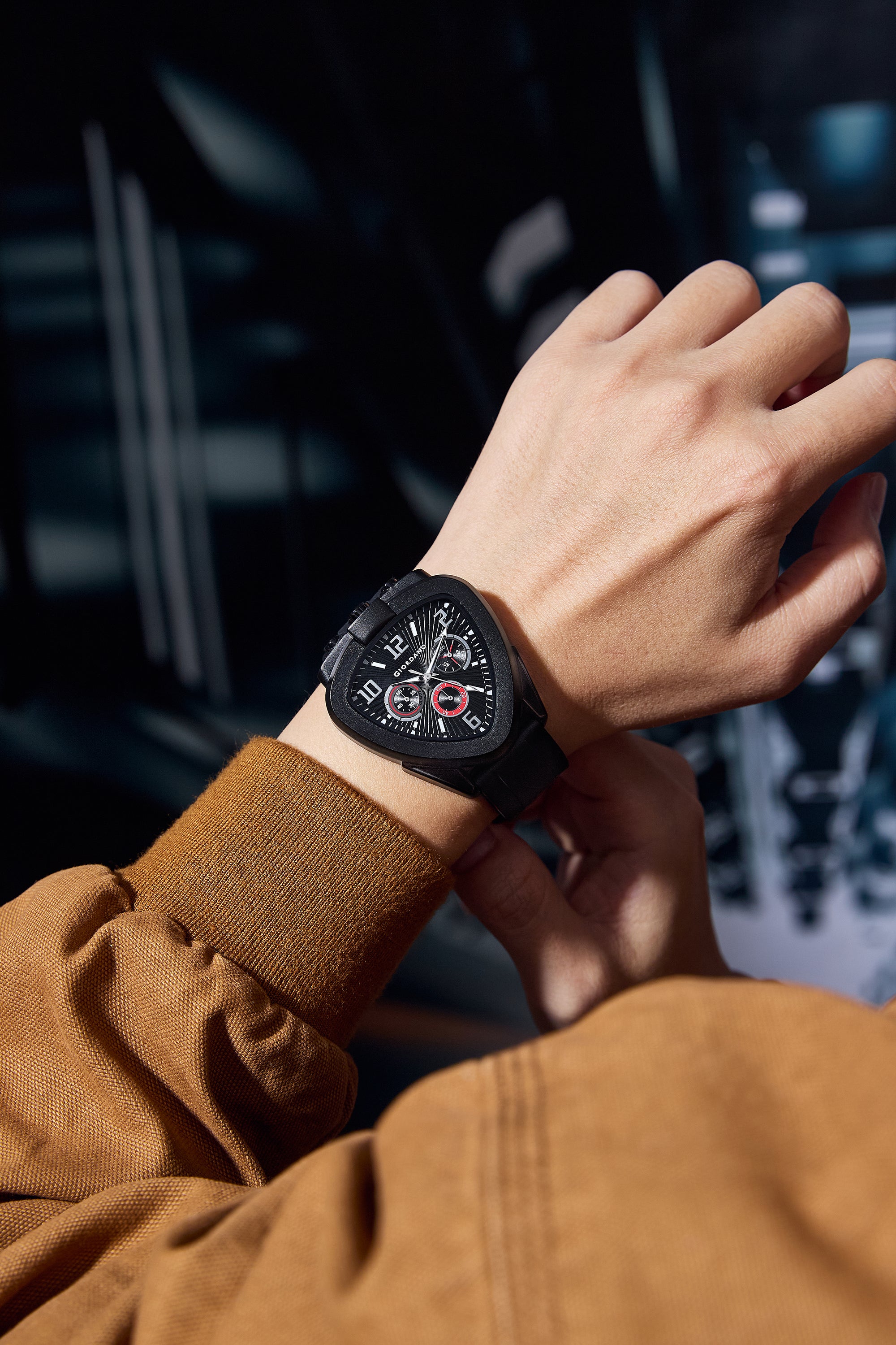 Giordano Analog Quartz Watch for Men with Black/Red Triangular Dial, Three Sub-Dials, Arabic Numerals & Baton Hour Markers and Black Silicone Strap - GZ-50246-01