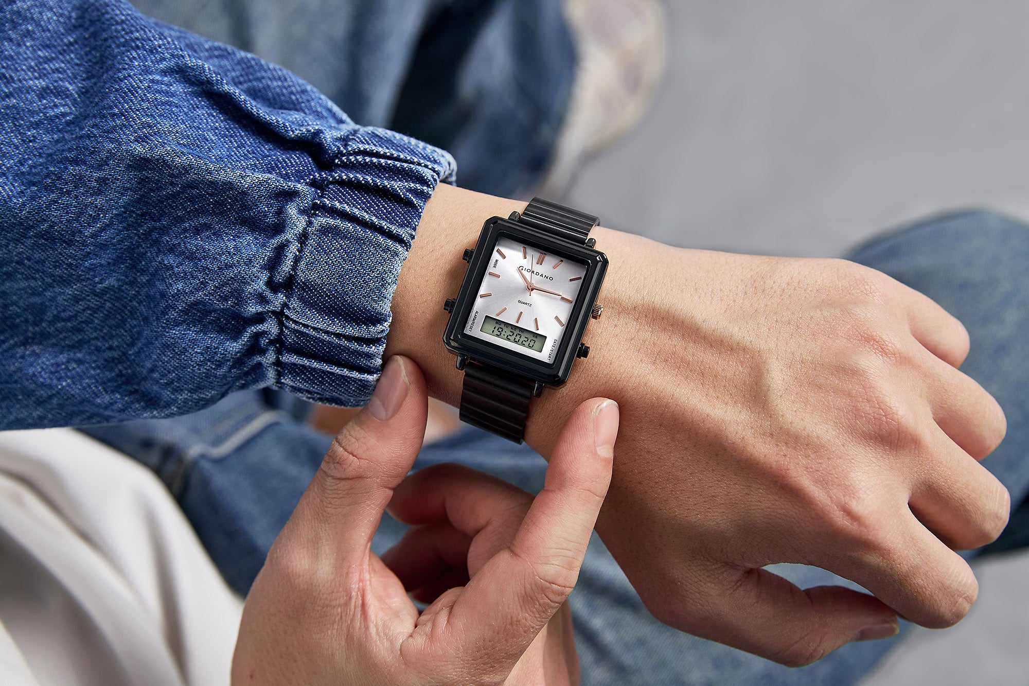 Giordano Analog Digital Watch for Men with Square White Dial, Dual Time Display, Black Stainless Steel Strap - GZ-50210-22