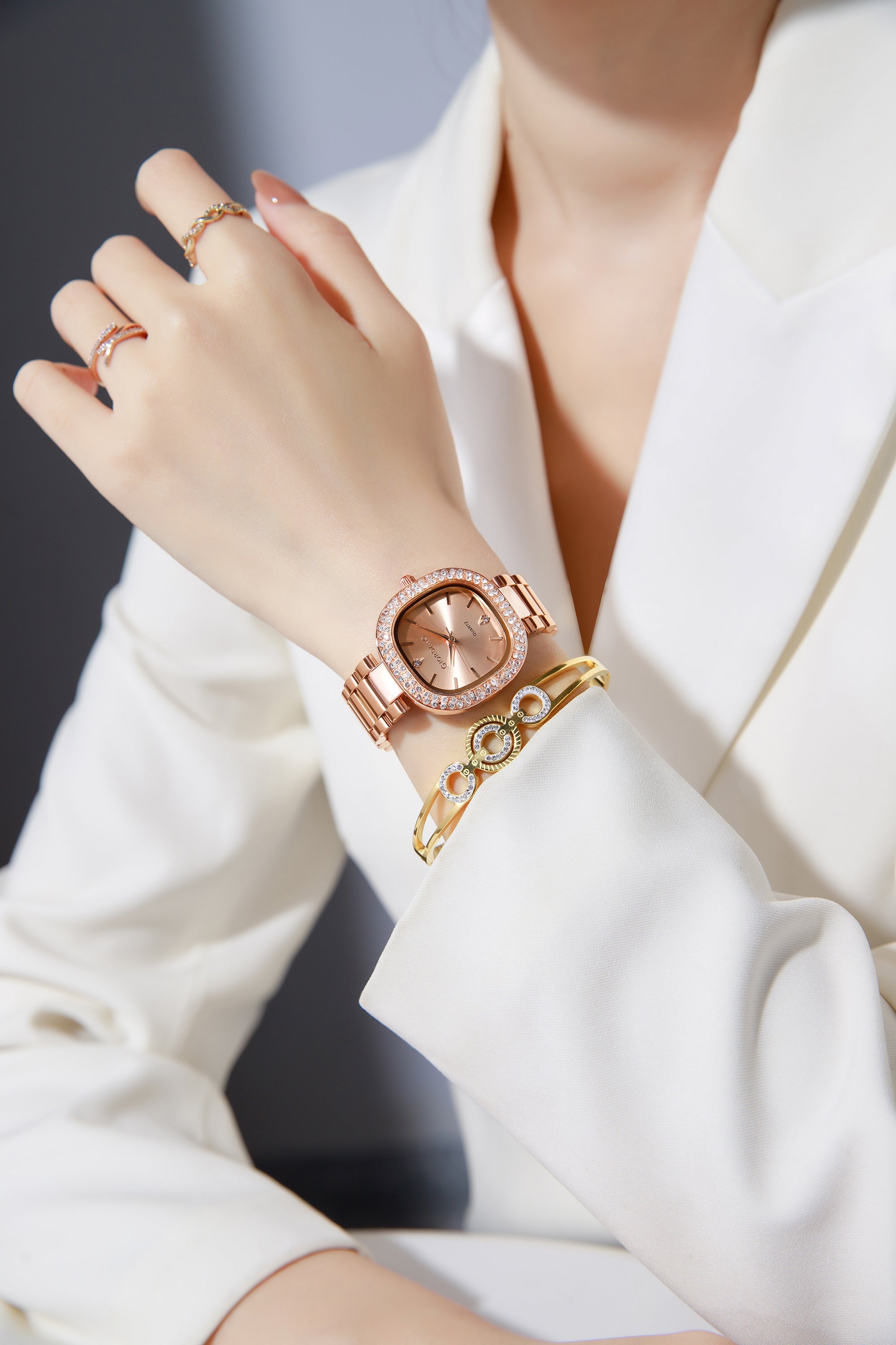 Giordano Analog Quartz Watch for Women with Bangle Square Rose Gold Dial, Blue Crown, Crystal Studded Hour Markers and Bezel, Rose Gold Stainless Steel Strap - GZ-60166-44