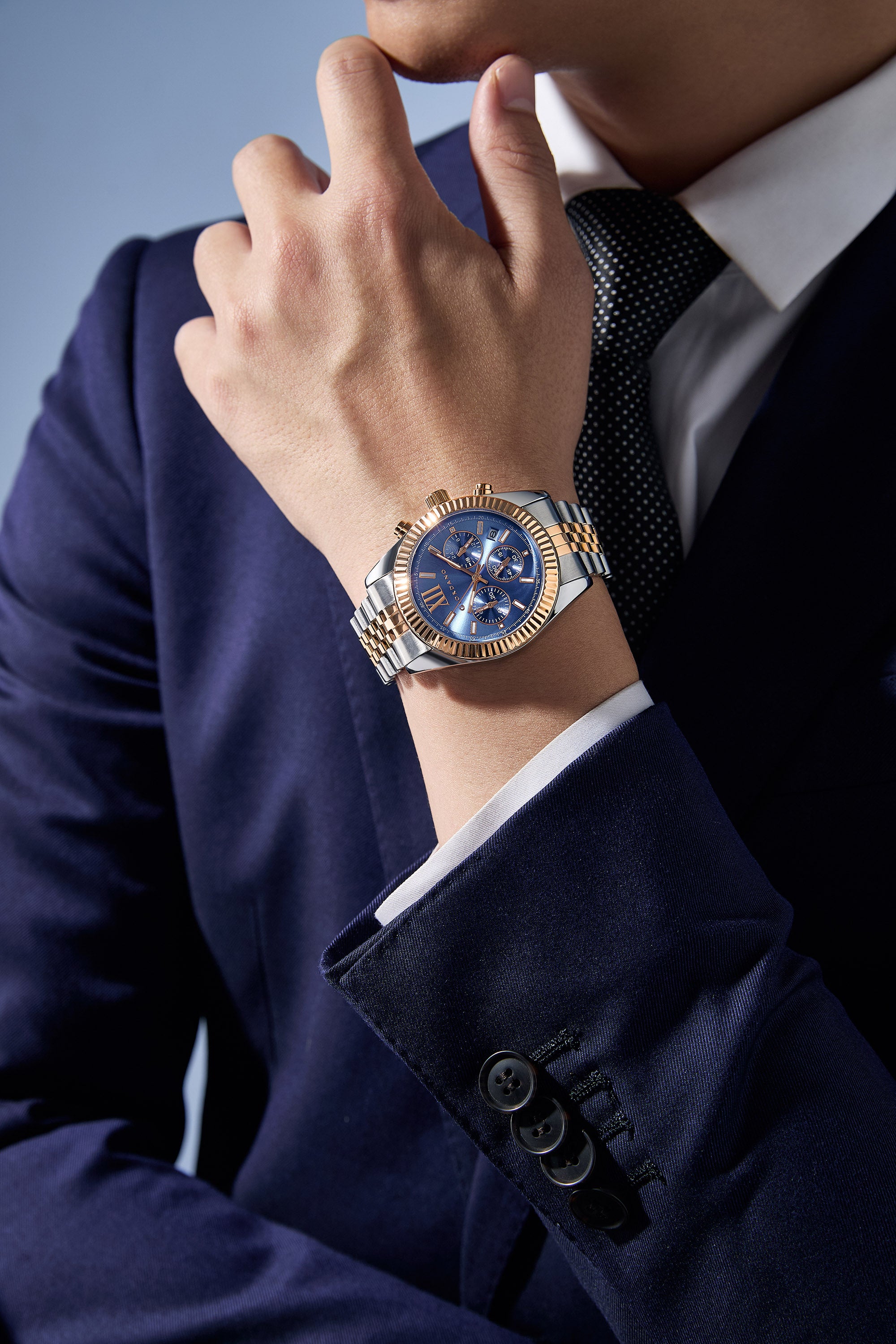 Giordano Chronograph Analog Quartz Watch for Men with Round Blue Dial, Roman indices, Date Function, Luminos hands and Markers, Silver and Rose Gold Stainless Steel Strap - GZ-50217-22