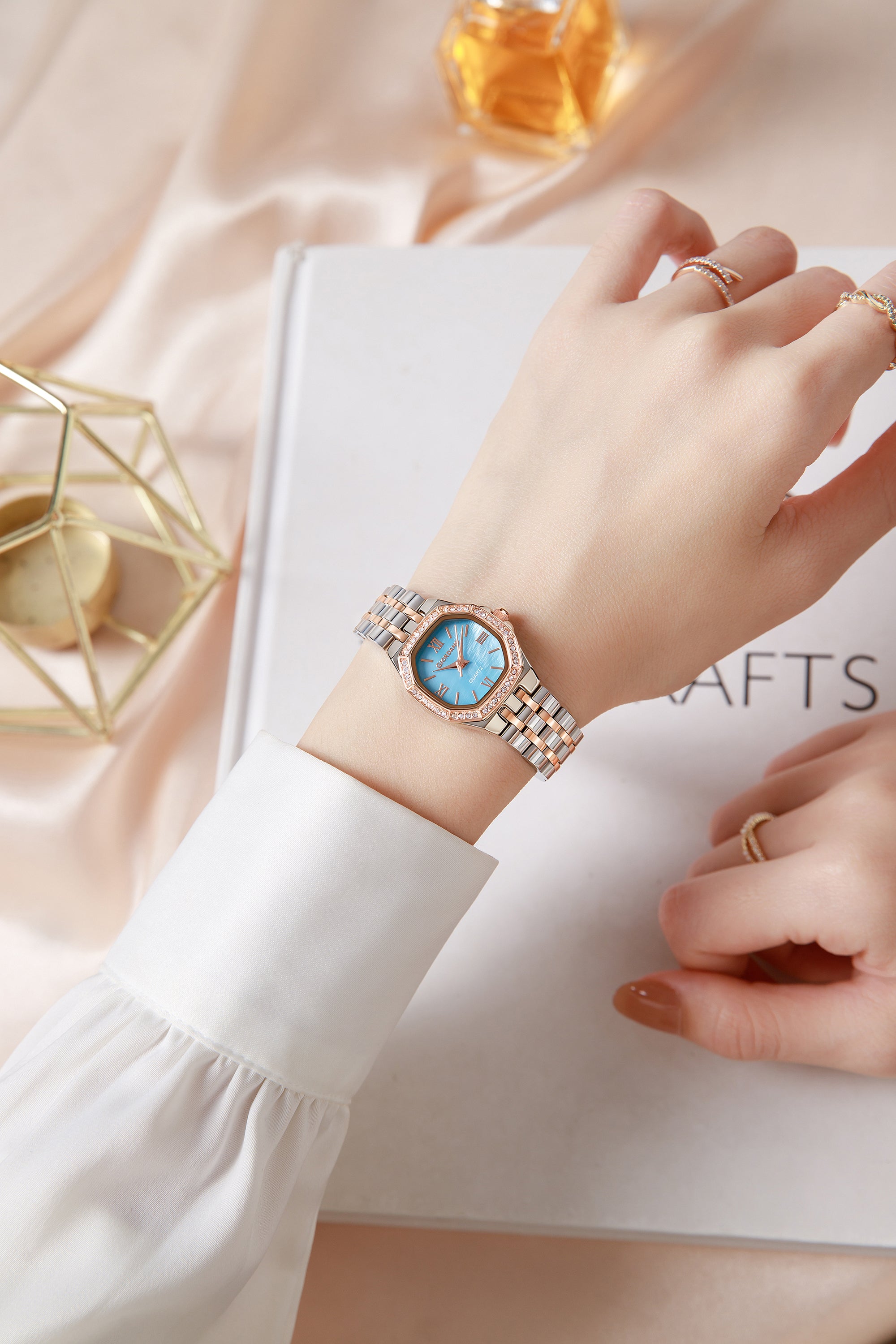 Giordano Analog Watch for Women with Blue Dial, Crystal Studded Bezel, Roman Indices & Stainless Steel Strap GZ-60162-66