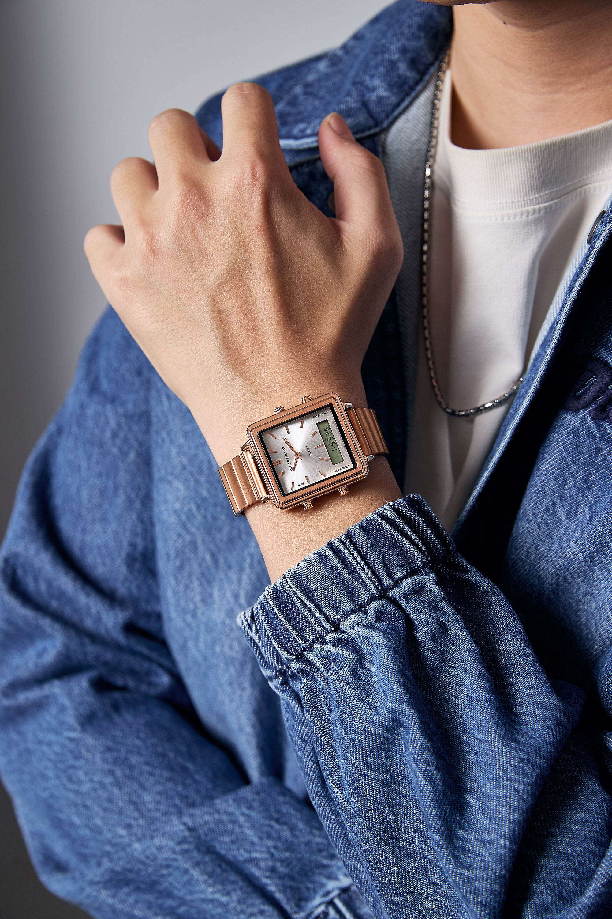 Giordano Analog Digital Watch for Men with Square White Dial, Dual Time Display, Rose Gold Stainless Steel Strap - GZ-50210-77