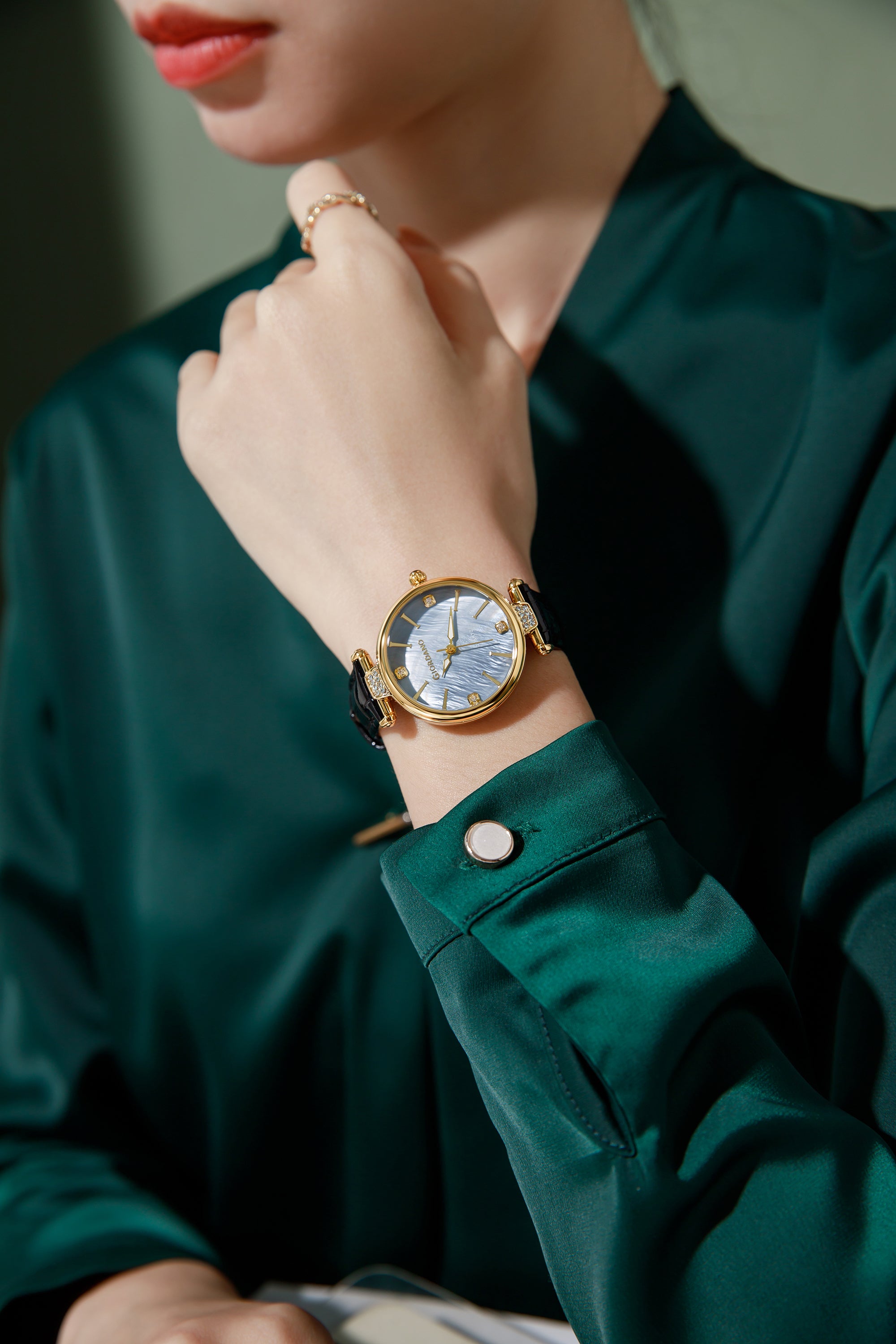 Giordano Analog Quartz Watch for Women with sunray Round Gold Dial, Blue Crown, Luminos hands and Crystal hour markers, Black Leather Strap - GZ-60161-02