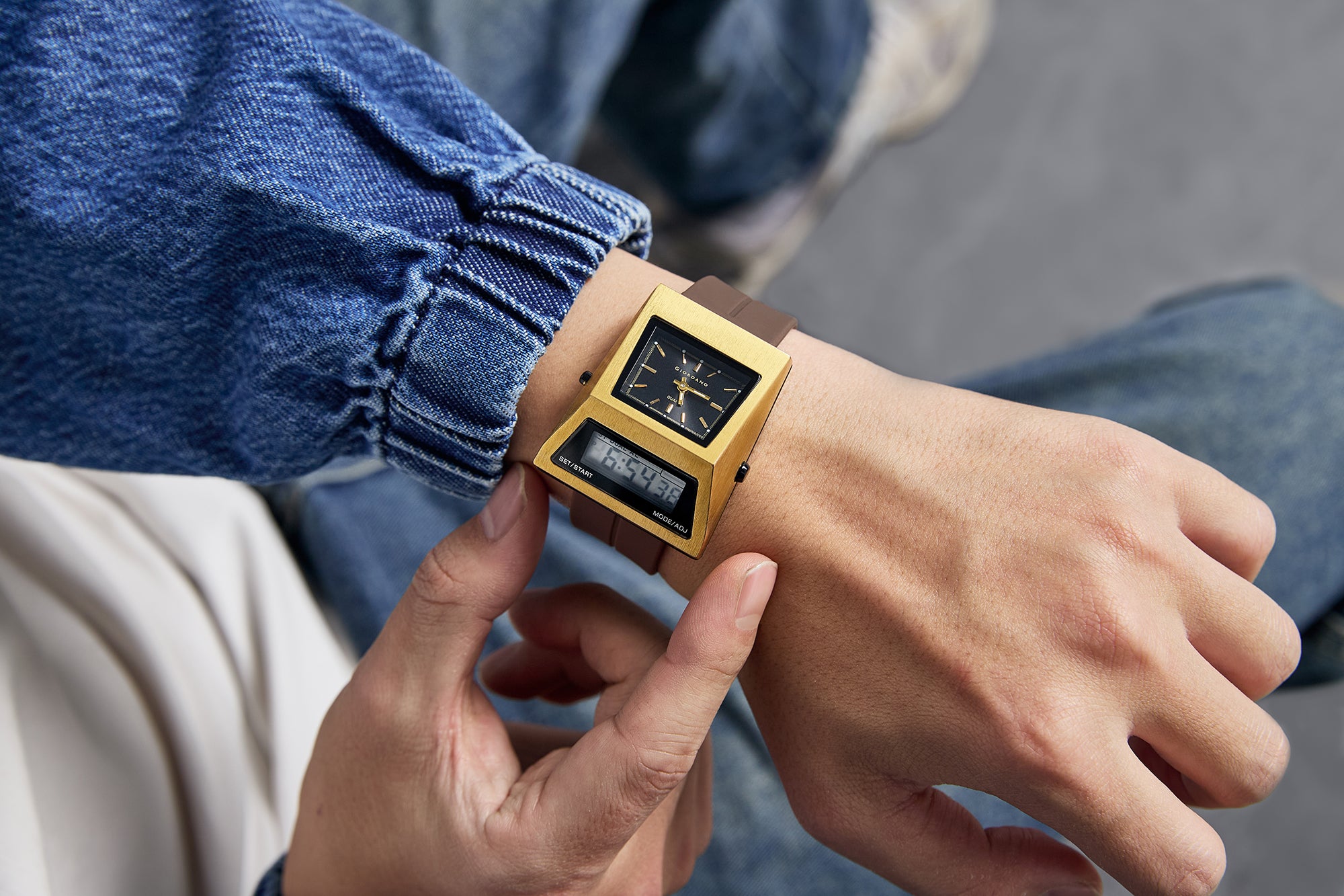 Giordano Analog Digital Watch for Men with Triangle Shape Black Dial, Dual Time Display, Gold Stainless Steel Strap - GZ-50205-22