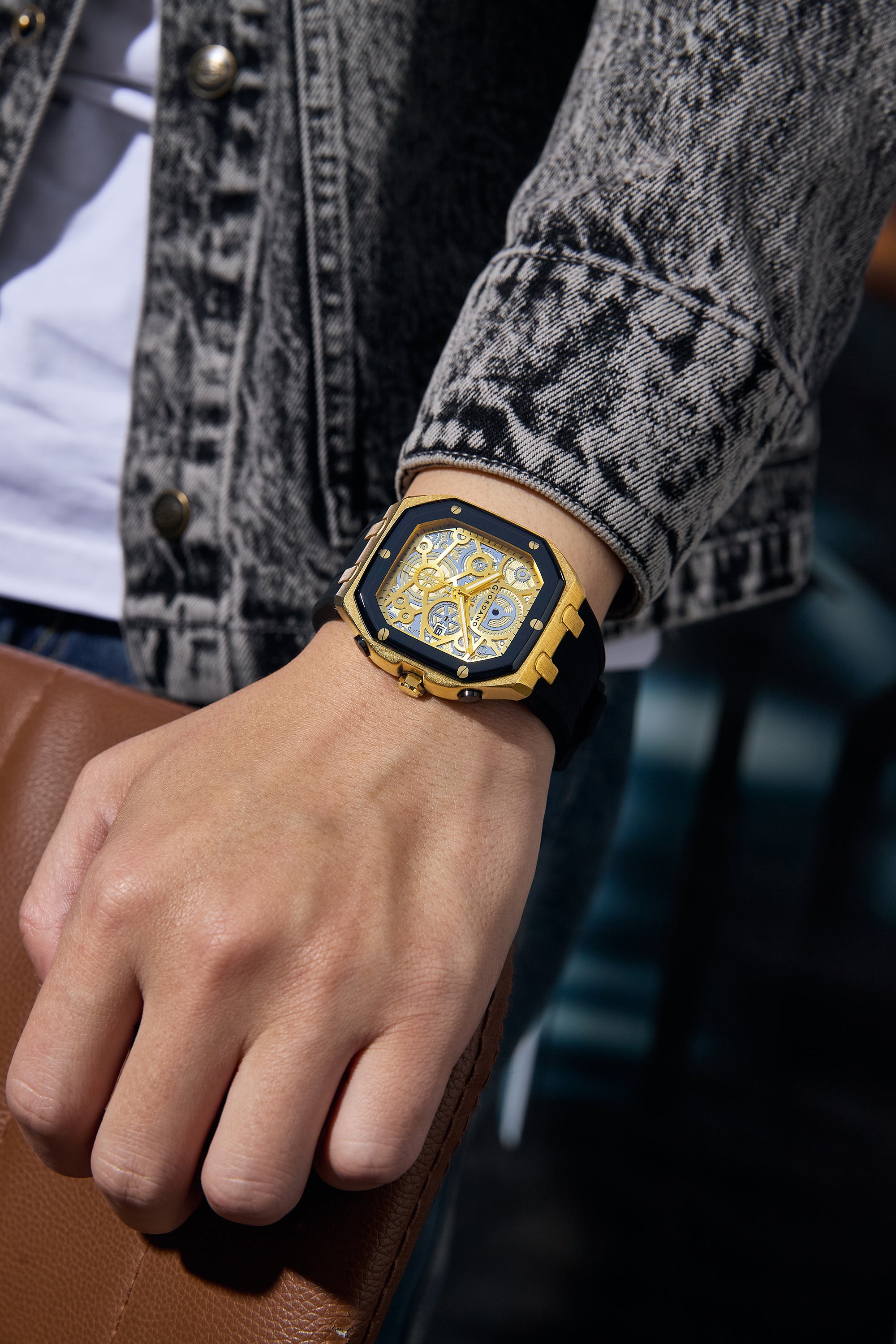 Giordano Skeleton Dial Analog Watch for Men – Gold Tone Case, Black Silicone Strap, Date Display & Transparent Mechanical Design GZ-50221-02