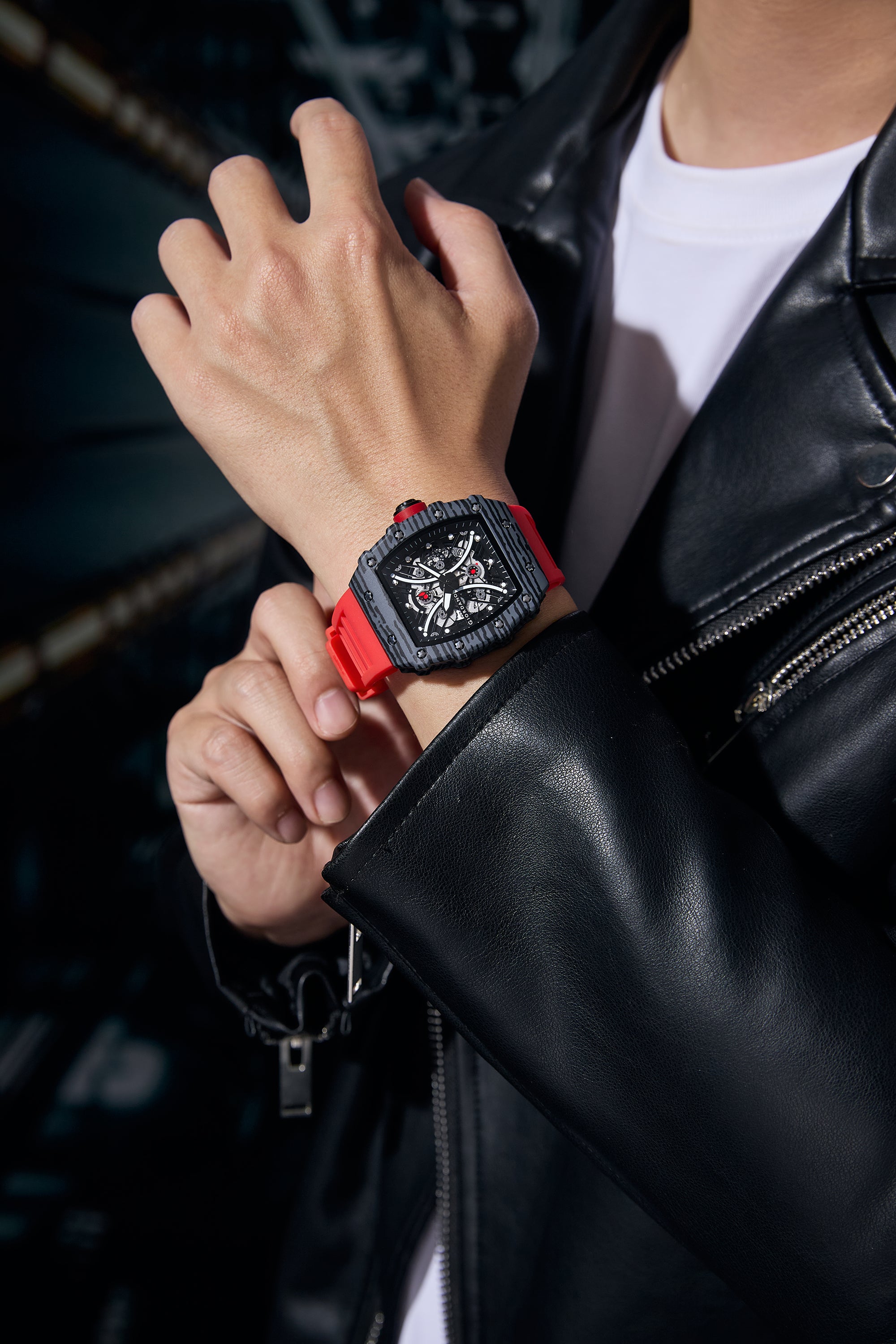 Giordano Analog Square Watch for Men with Skeleton Design, Rugged Textured Case, Luminous Hands, and Silicone Strap - GZ-50180-33
