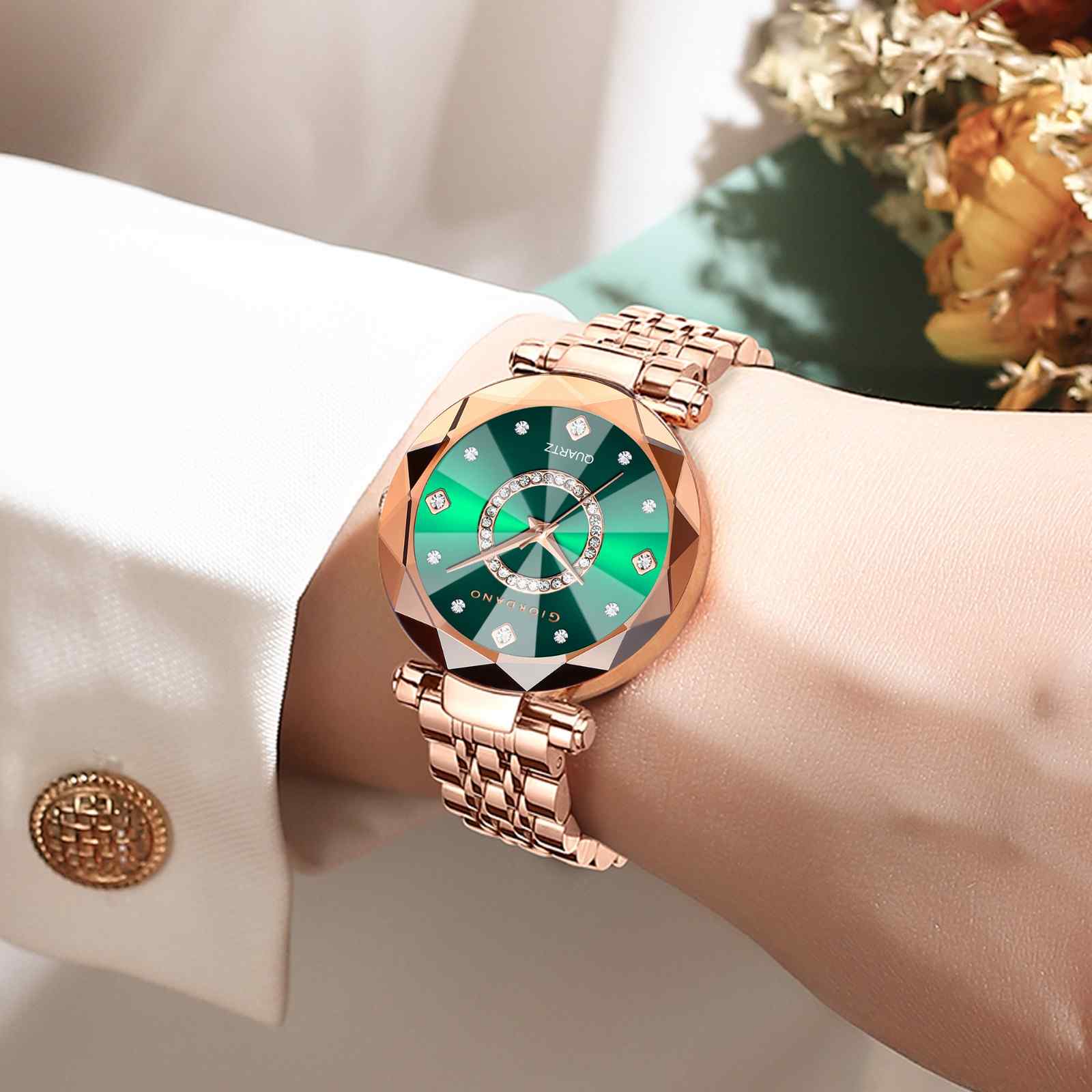 Giordano Analog Watch for Women – Round Dial with Crystal Accents, Rose Gold Stainless Steel Strap, Elegant Timepiece - GZ-60138-33