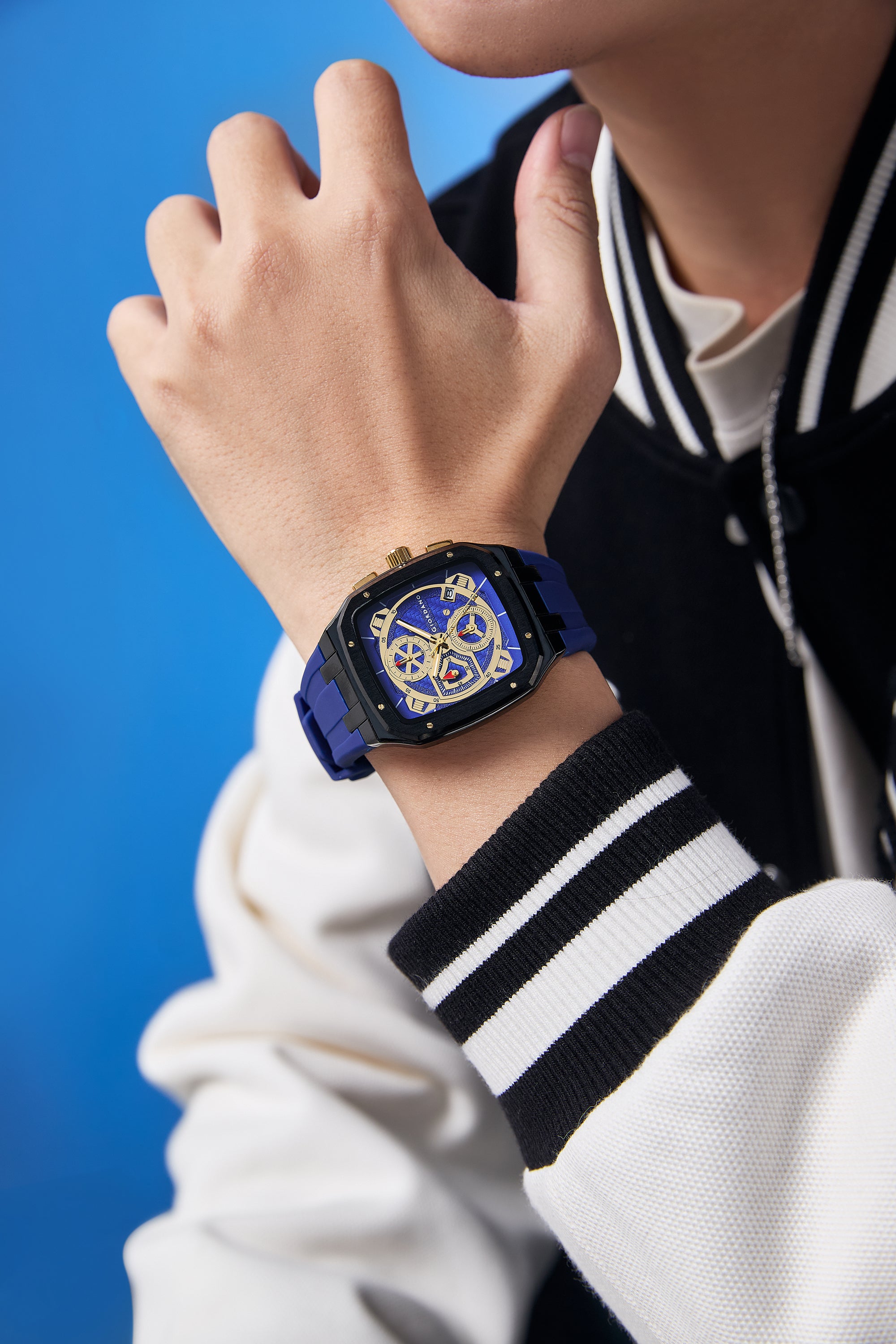 Giordano Analog Watch for Men with Chronograph Subdials, Black Square Case, Date Display, Quartz Movement, Blue Silicone Strap GZ-50204-22