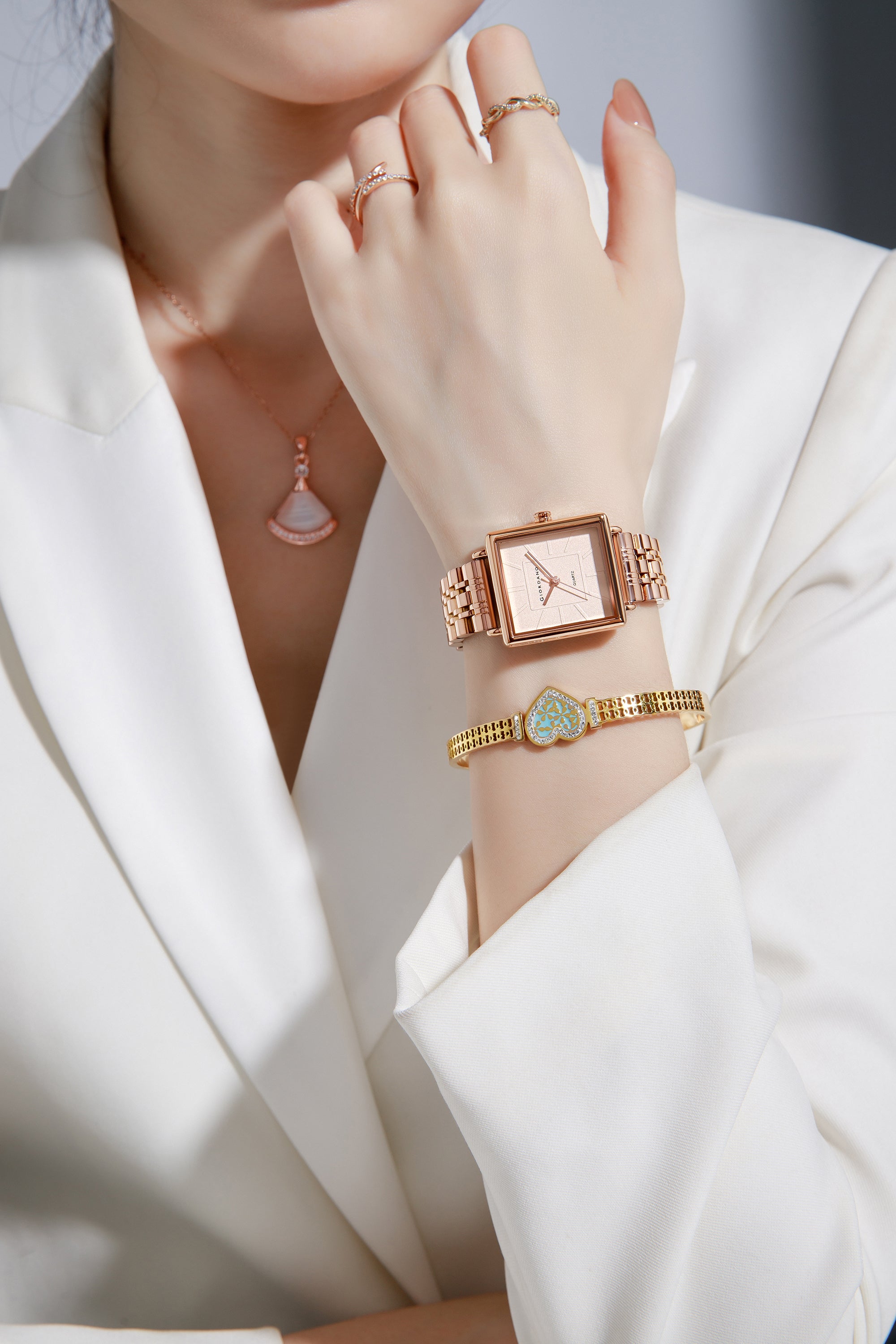 Giordano Rose Gold Analog Quartz Watch Gift Set for Women – 3 Piece Combo with Rose Gold Mother of Pearl Fan Pendant Necklace & Crystal Heart Charm Bangle Bracelet, Fashion Jewelry Set - GZ-60180-22