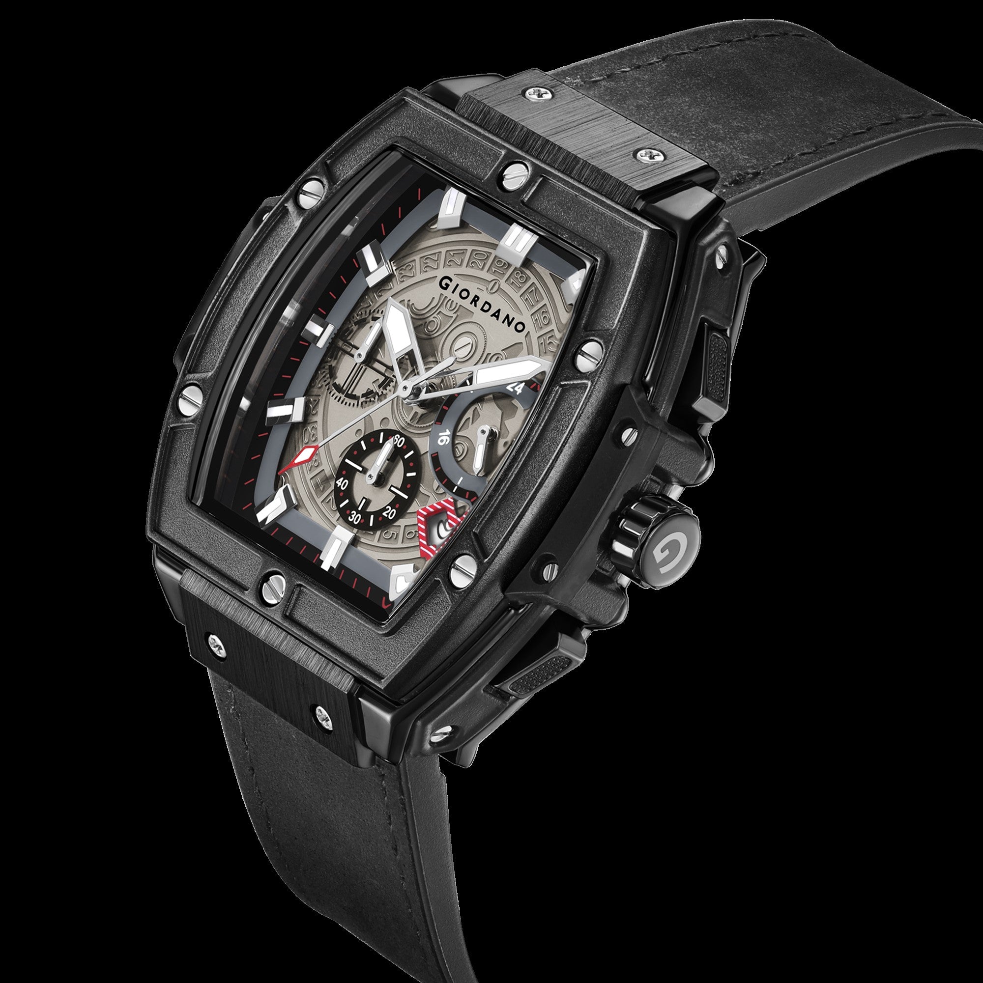 Giordano Terminator Men's Black Leather Multifunction Watch - with Day, Date, and 24-Hour Sub-Dials | Water Resistant Square Dial Unique Design Wrist Watch for Man | GZ-50098-03