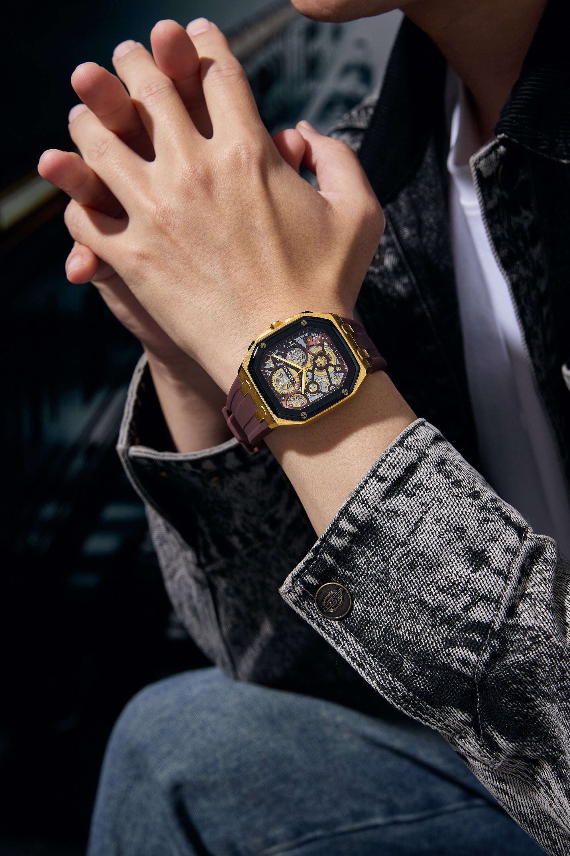 Giordano Skeleton Dial Analog Watch for Men – Gold Tone Case, Brown Silicone Strap, Date Display & Transparent Mechanical Design GZ-50221-03