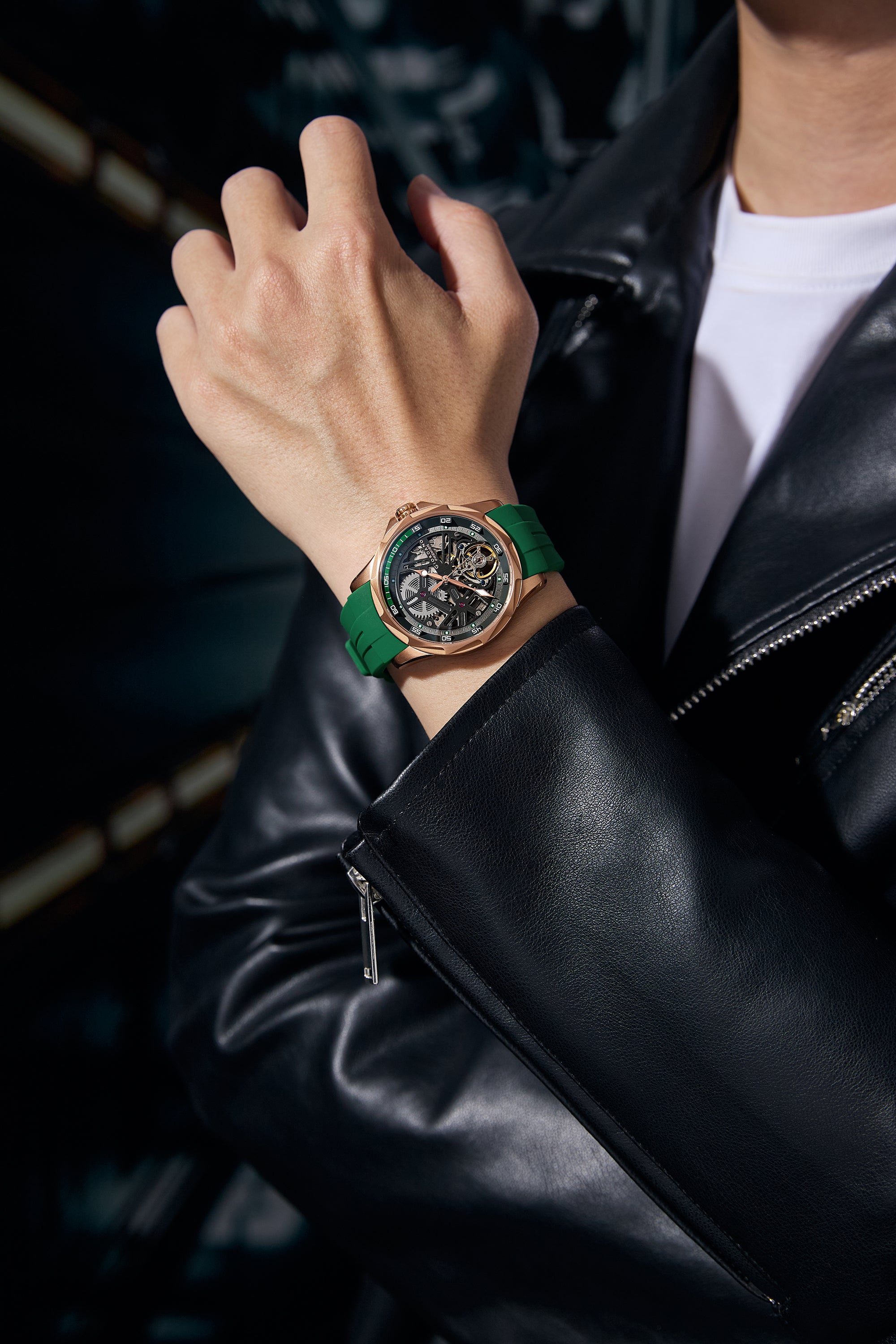 Giordano Automatic Watch for Men with Skeleton Round Black Dial, Luminous Hands and Markers, Silver Silicone Strap - GZ-50226-03