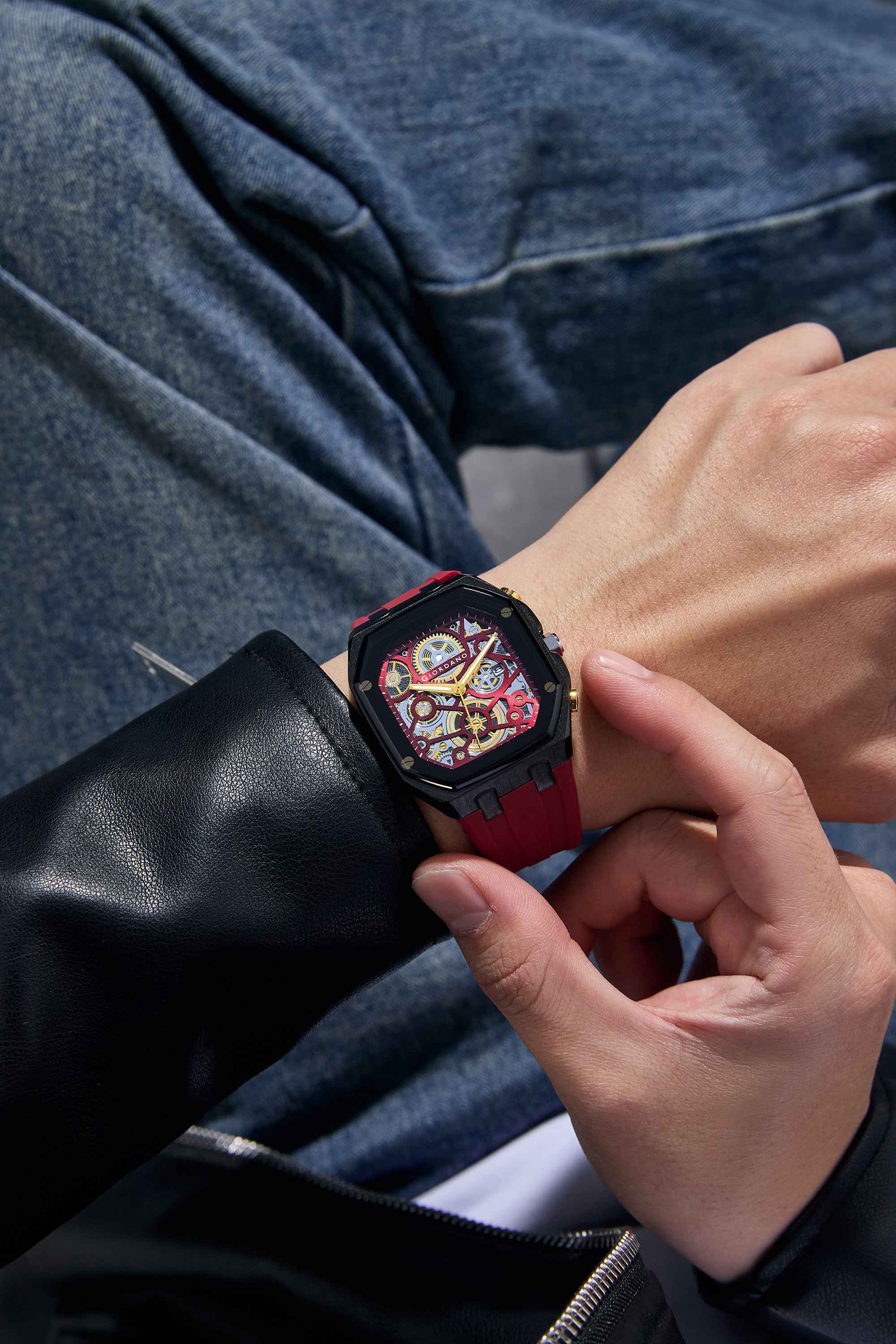 Giordano Skeleton Dial Analog Watch for Men – Black Tone Case, Red Silicone Strap, Date Display & Transparent Mechanical Design GZ-50221-05