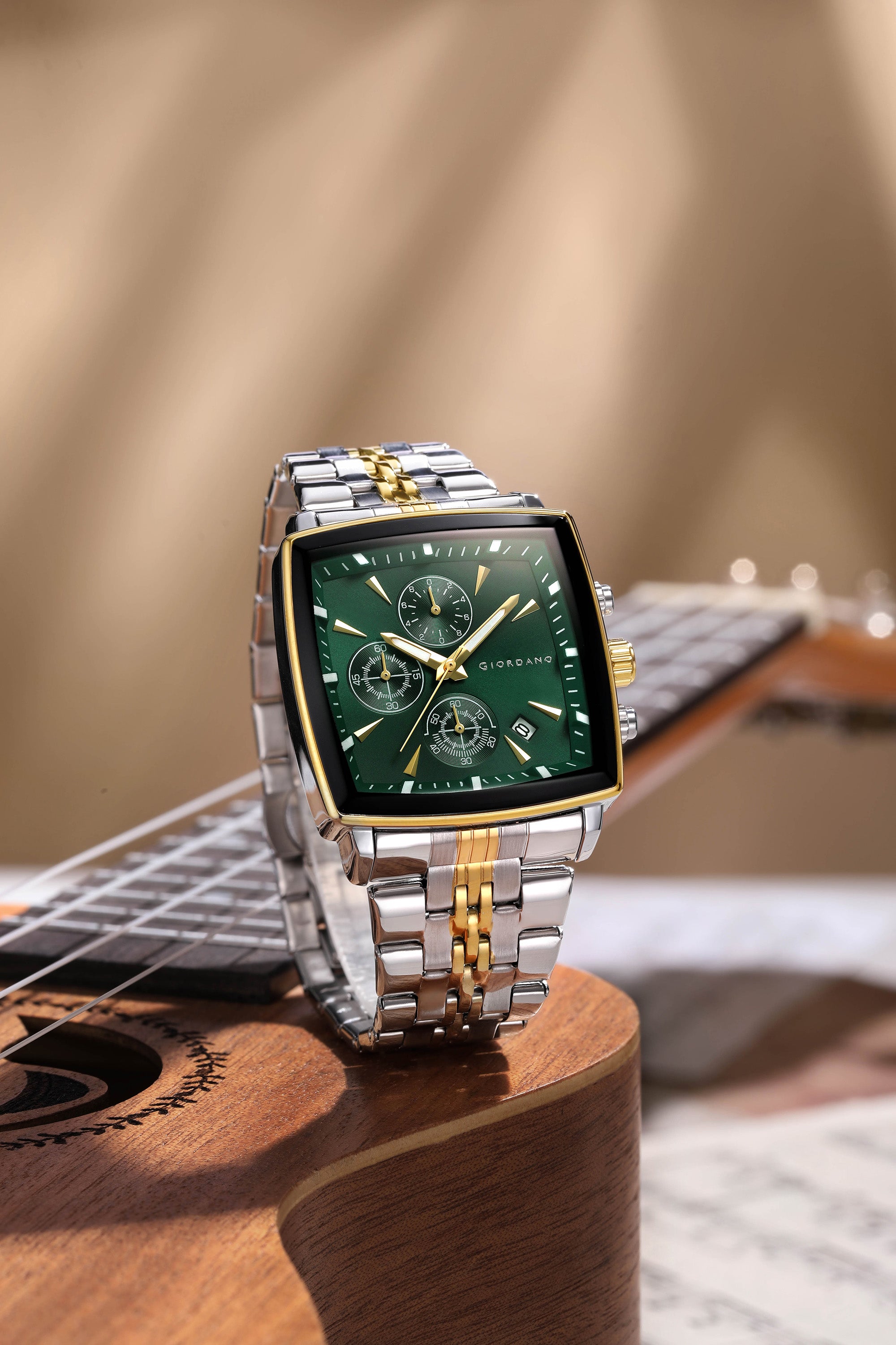 Giordano Multi Function Watch For Men With Square Green Dial, Stainless Steel Strap And Date Display GZ-50138-55