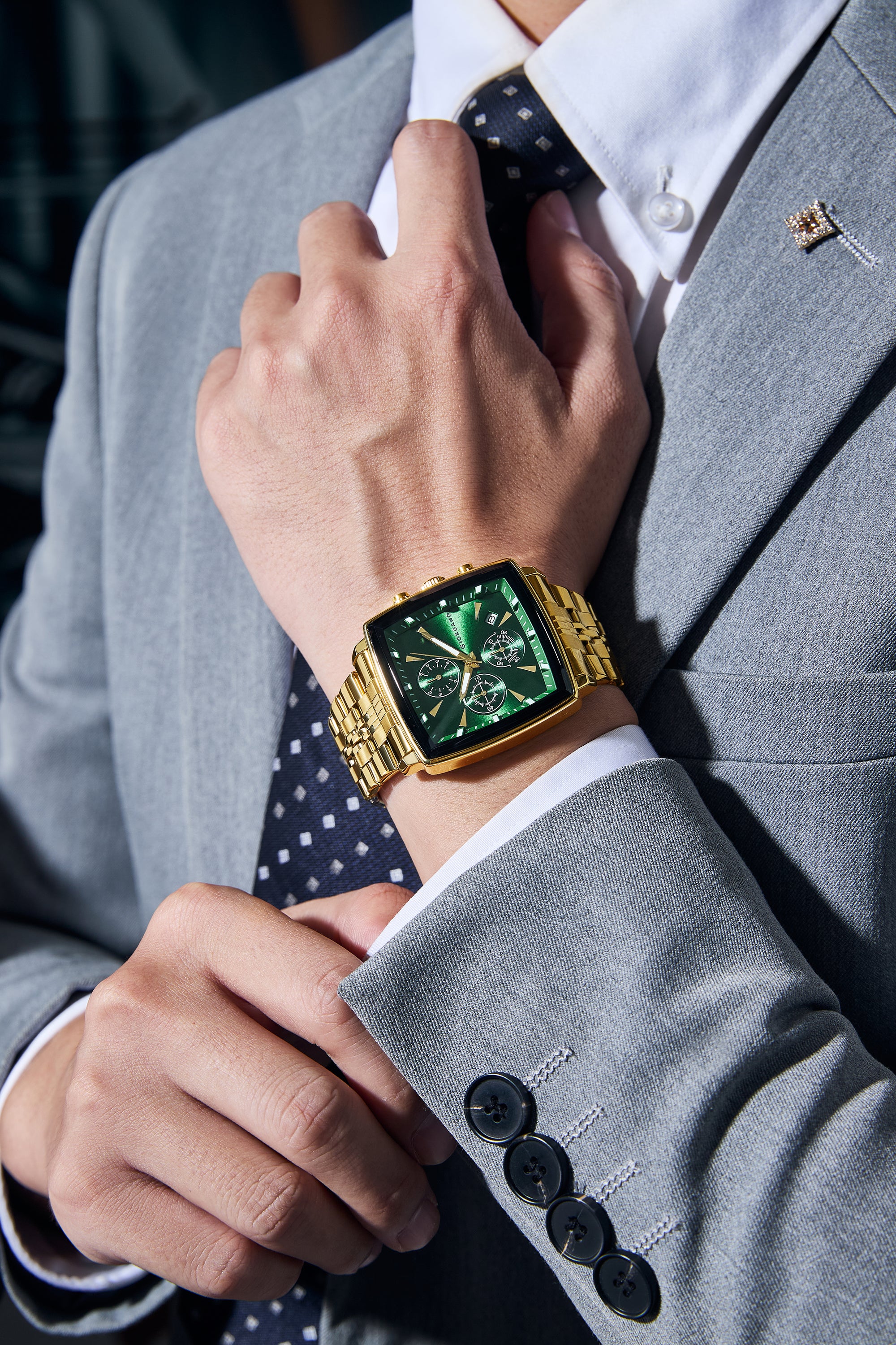 Giordano Multi Function Watch For Men With Square Green Dial, Gold Stainless Steel Strap And Date Display GZ-50138-66