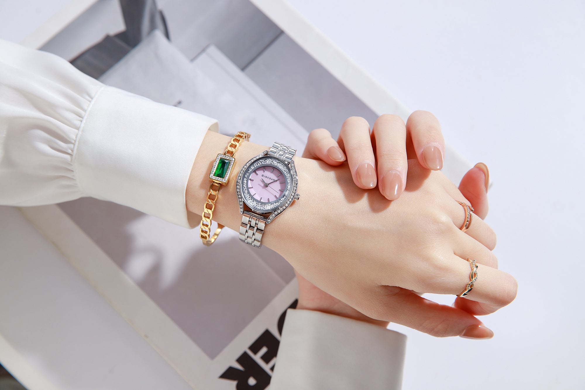 Giordano Analog Quartz Watch & Bangle Set for Women with Round Dial, Crystal-Studded Case, Stainless Steel Strap and Water Resistance - GZ-60146-11