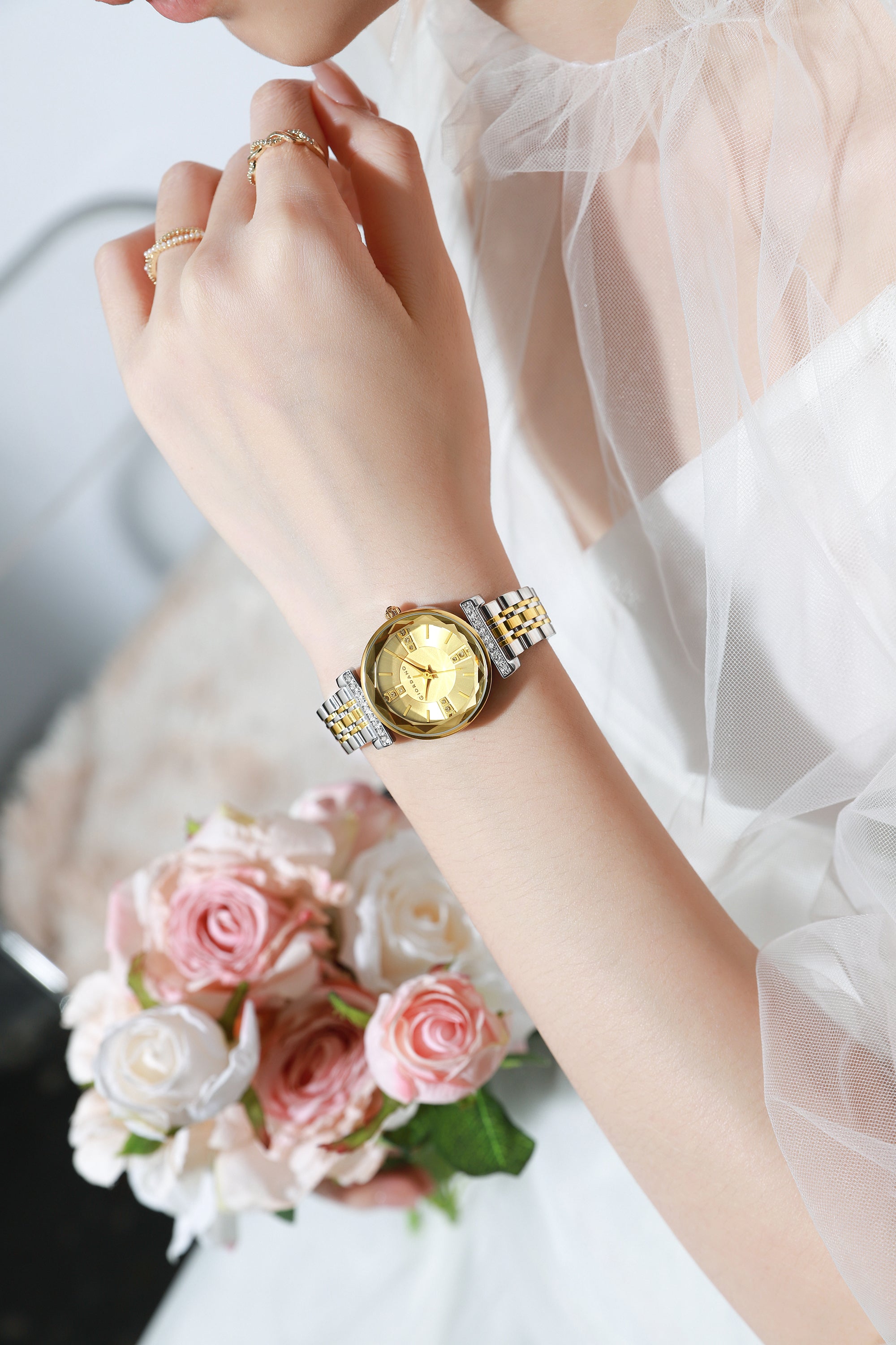 Giordano Analog Quartz Watch for Women with Gold Round Sunray Dial, Crystal Hour Markers, Crystal-Studded Bezel and Gold & Silver Two-Tone Stainless Steel Strap - GZ-60084-66