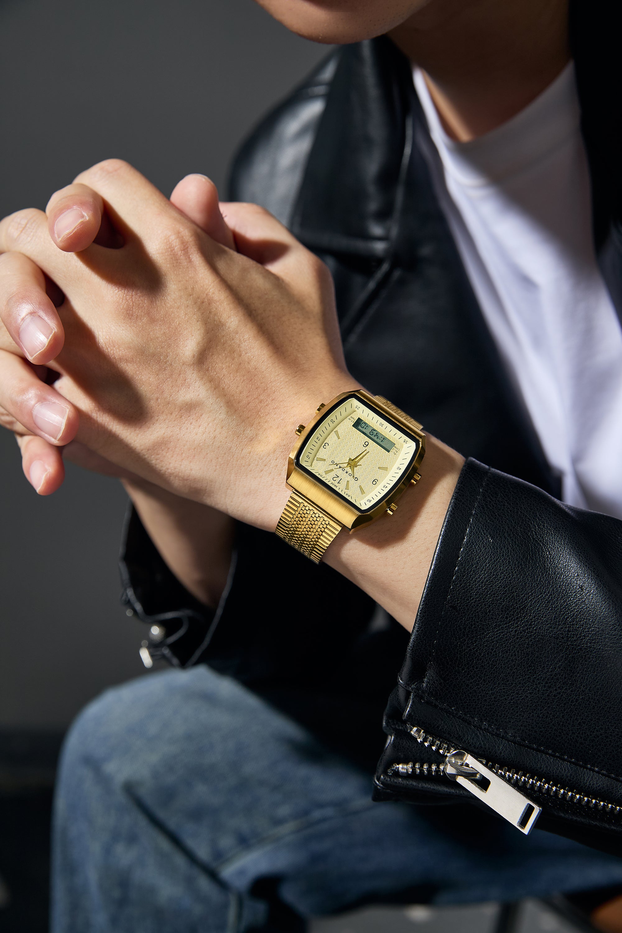 Giordano Analog-Digital Square Watch for Men Dual Time Display, Quartz Movement, Day Display, Textured Dial and Gold Stainless Steel Strap - GZ-50219-44