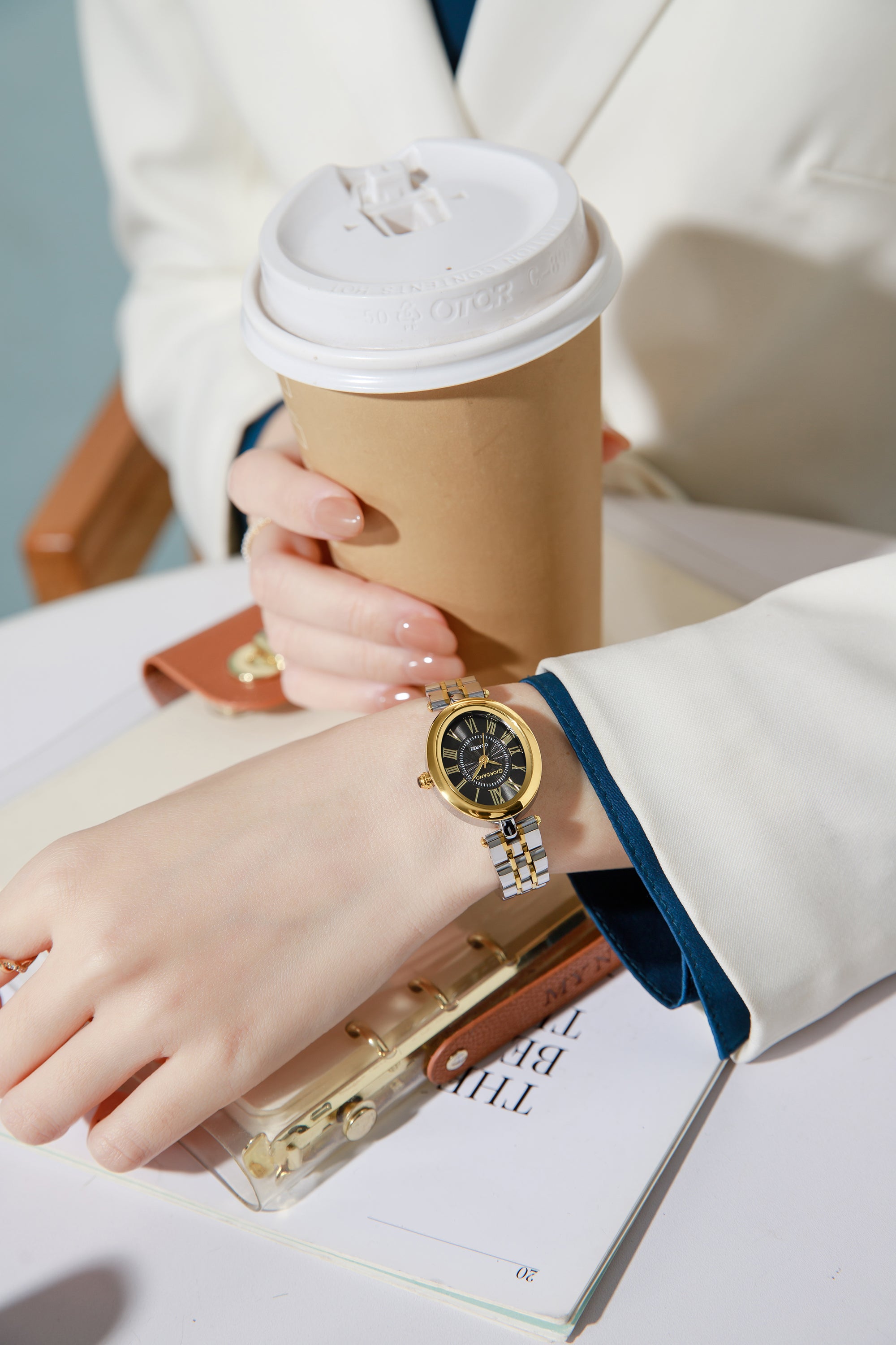 Giordano Analog Quartz Watch for Women with Texured Round Black Dial, Roman Indices, Blue Crown, Silver and Gold Stainless Steel Strap - GZ-60156-11