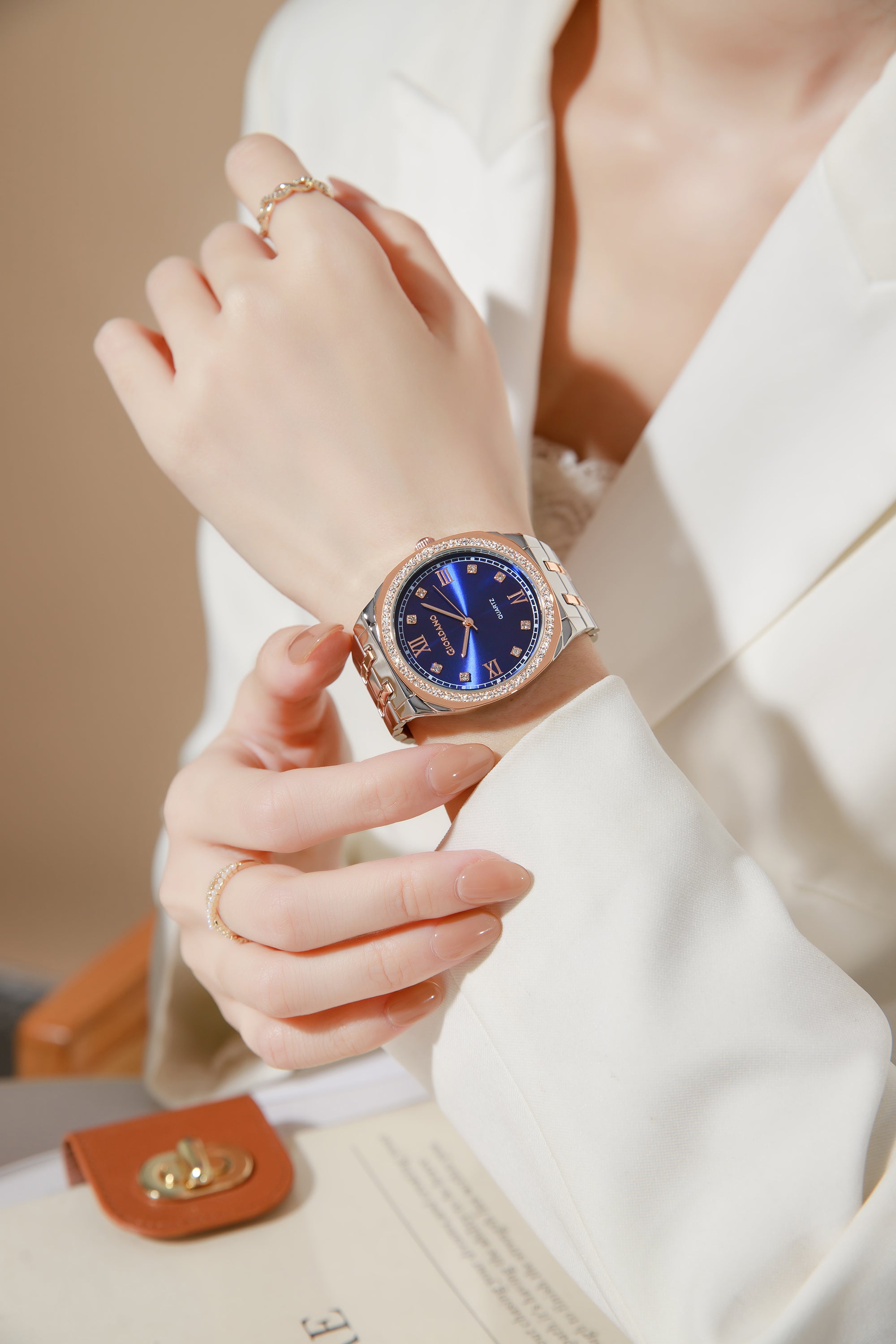 Giordano Analog Quartz Watch for Men with Round Blue Dial, Roman Indices, Blue Crown, Crystal Studded Hour Markers and Bezel, Silver and Rose Gold Stainless Steel Strap - GZ-50216-44