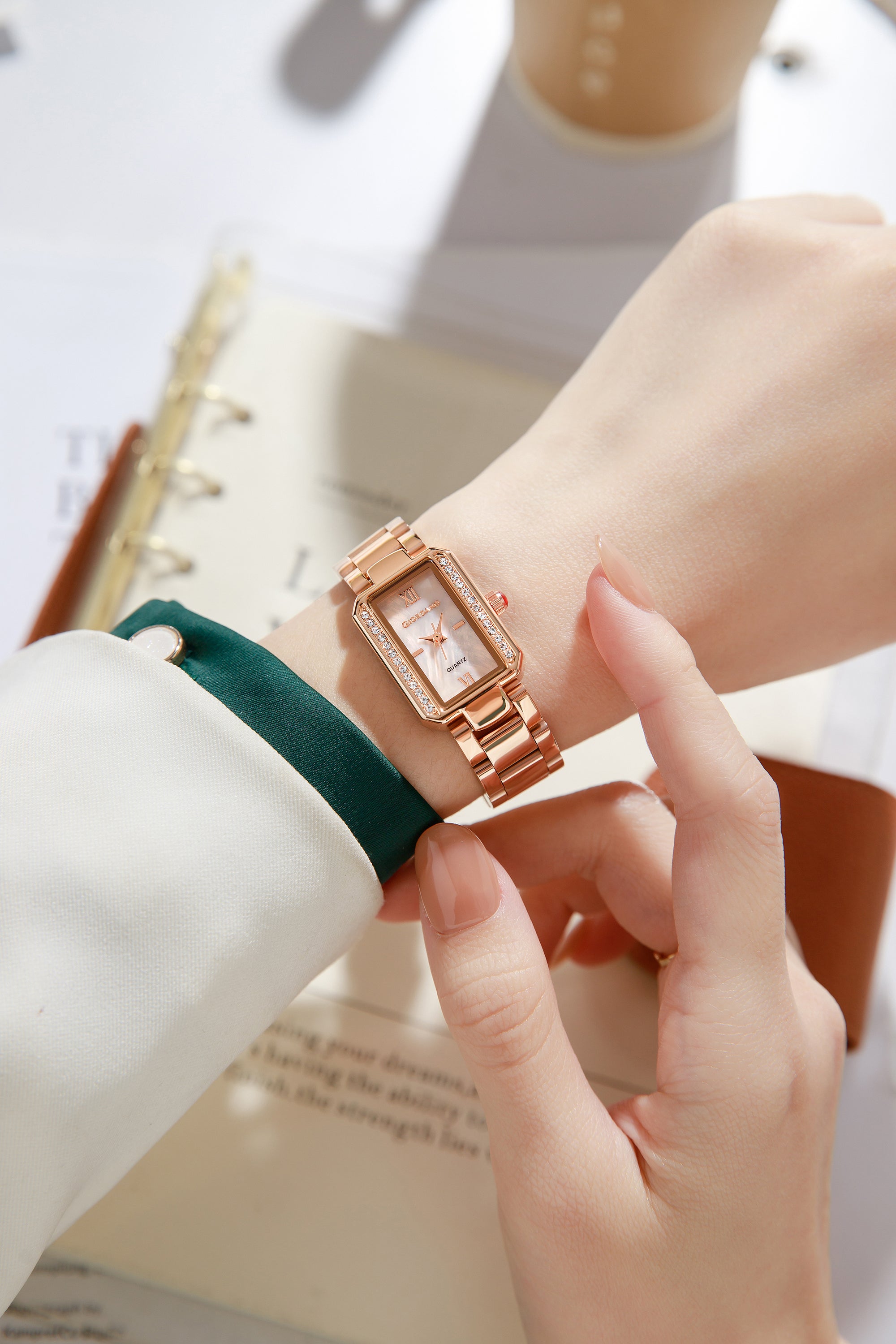 Giordano Analog Quartz Watch for Women with sunray Rectangle Rose Gold Dial, Roman indices, Crystal studded bezel, Blue Crown, Rose Gold Stainless Steel Strap - GZ-60167-44