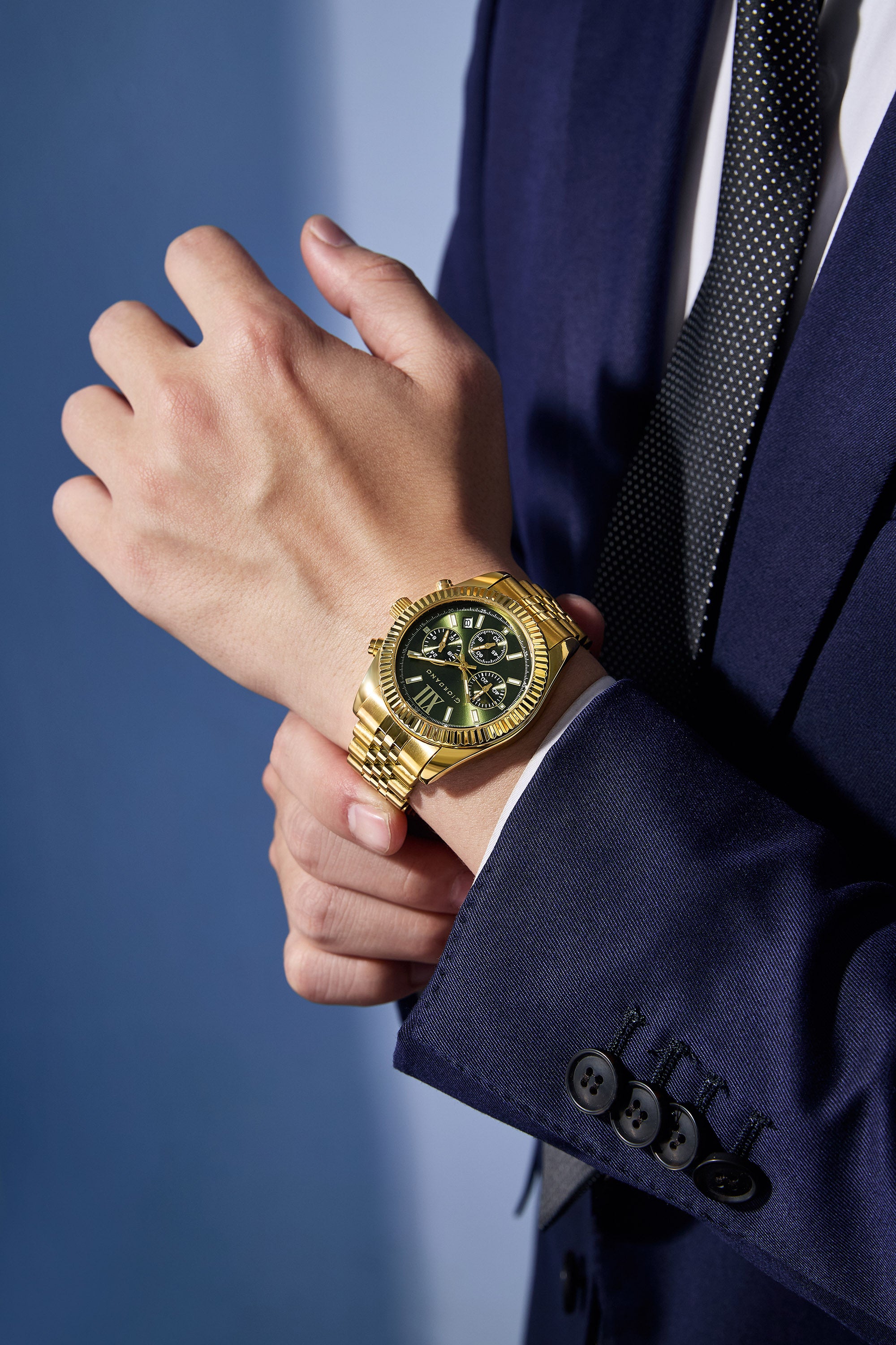 Giordano Chronograph Analog Quartz Watch for Men with Round Green Dial, Roman indices, Date Function, Luminos hands and Markers, Gold Stainless Steel Strap - GZ-50217-33