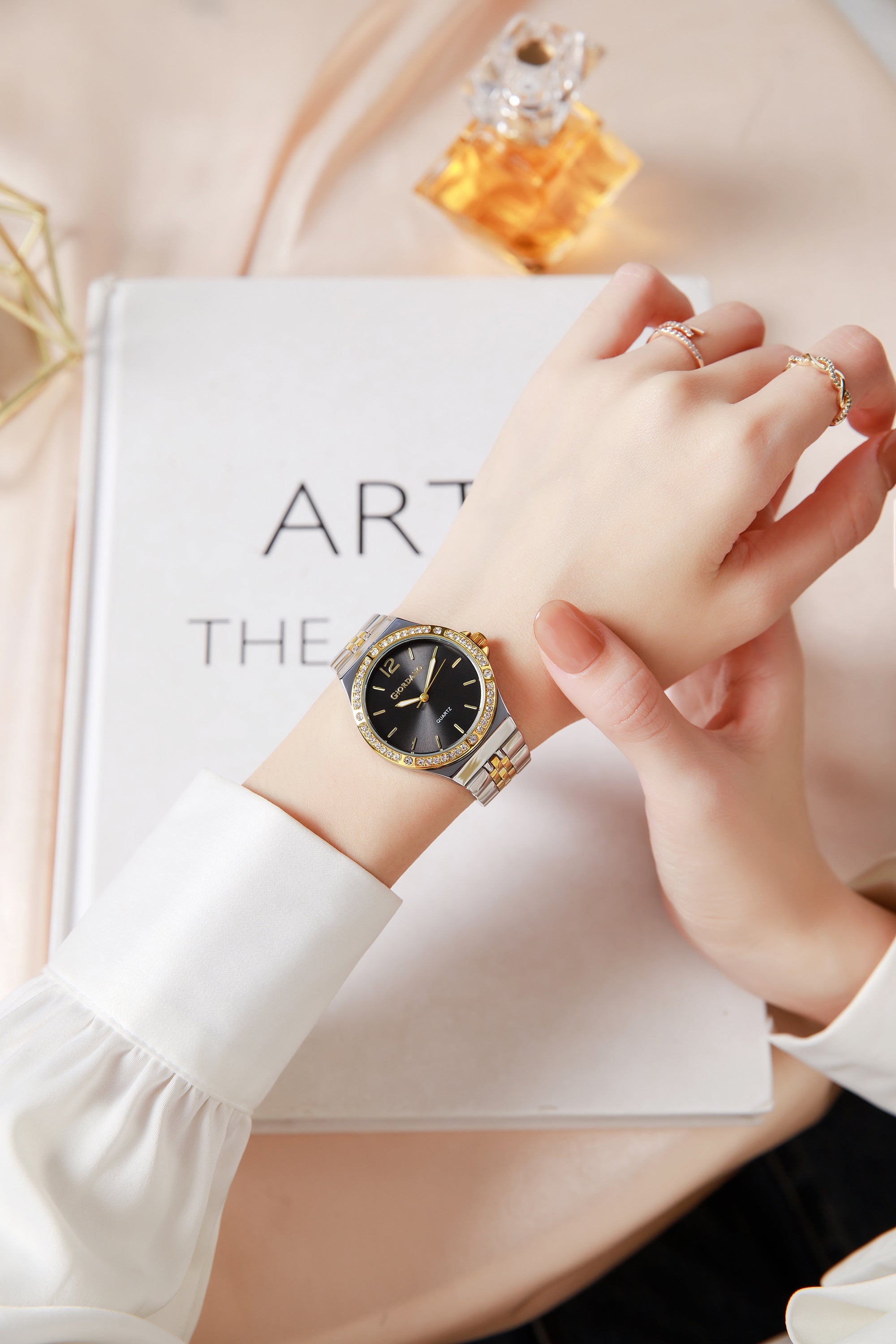 Giordano Analog Quartz Watch for Women with Round Black Dial, Crystal Studded Bezel, Blue Crown, Luminous Hands, Silver and Gold Stainless Steel Strap - GZ-60159-11