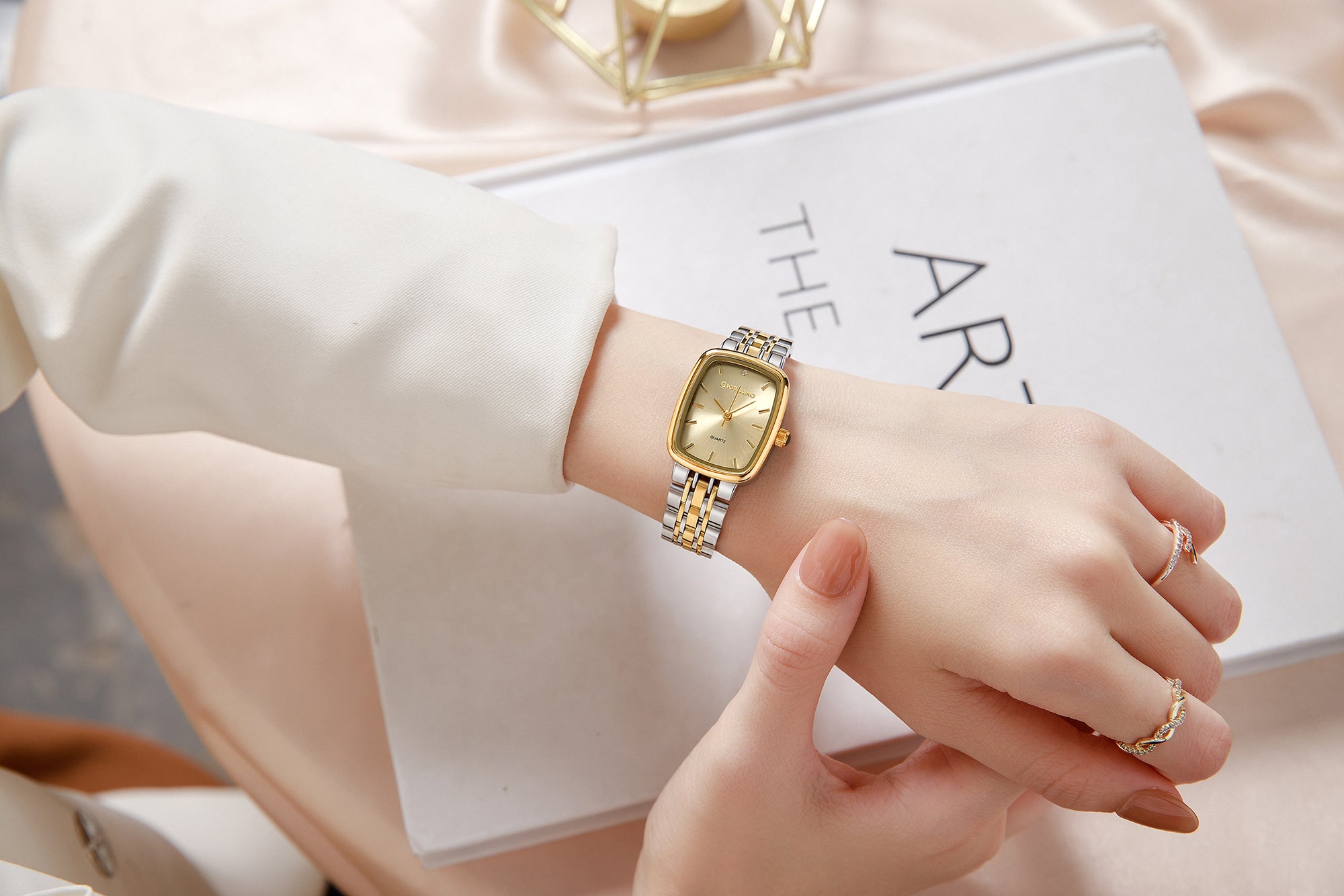 Giordano Analog Quartz Watch for Women with Rectangular Gold Dial, Blue Crown, Silver and Gold Stainless Steel Strap - GZ-60150-11