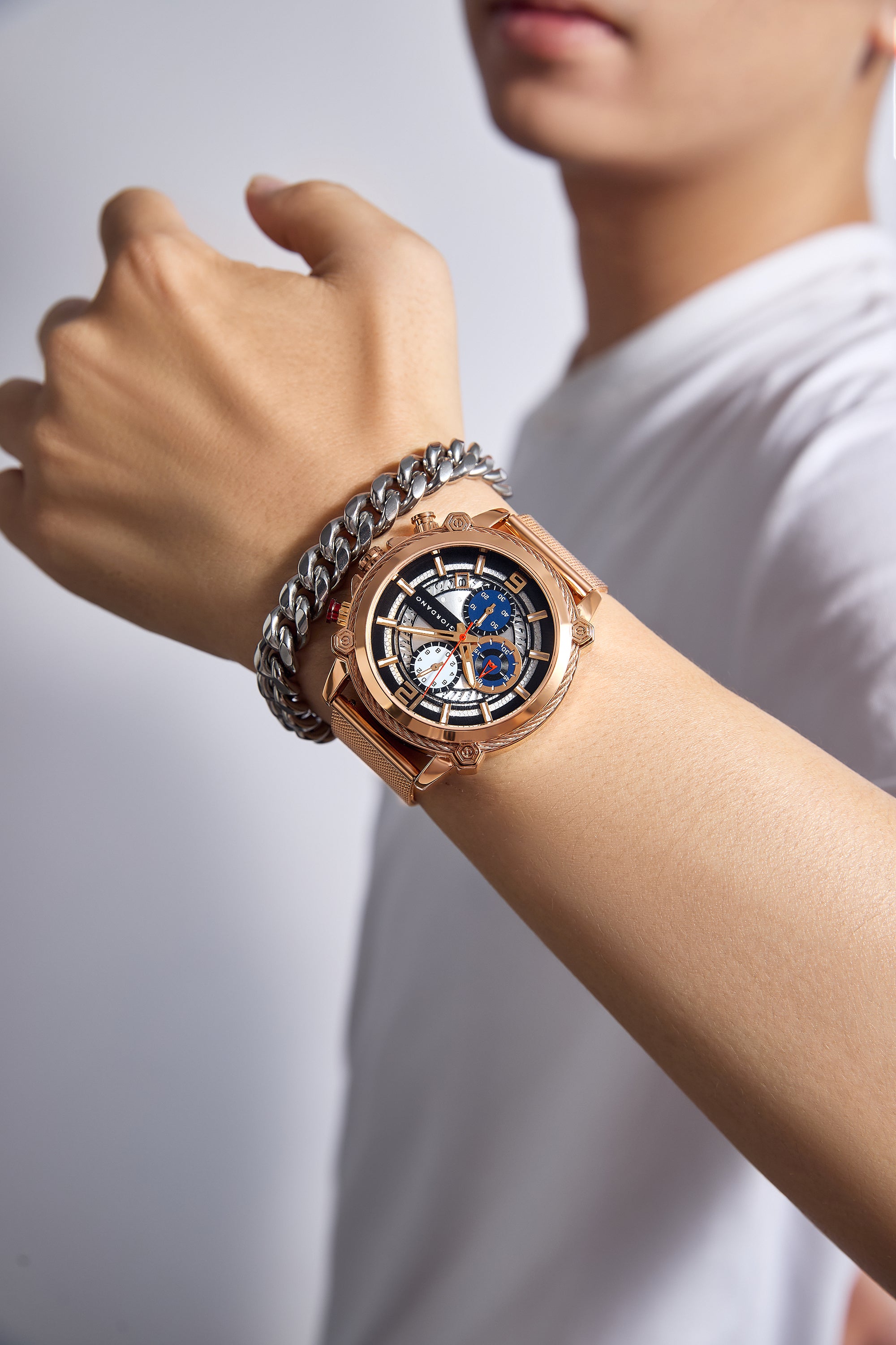 Giordano Analog Quartz Watch for Men with Round Textured Dial, Multifunction Sub-Dials, Date Display and Rose Gold Mesh Stainless Steel Strap - GZ-50039-44