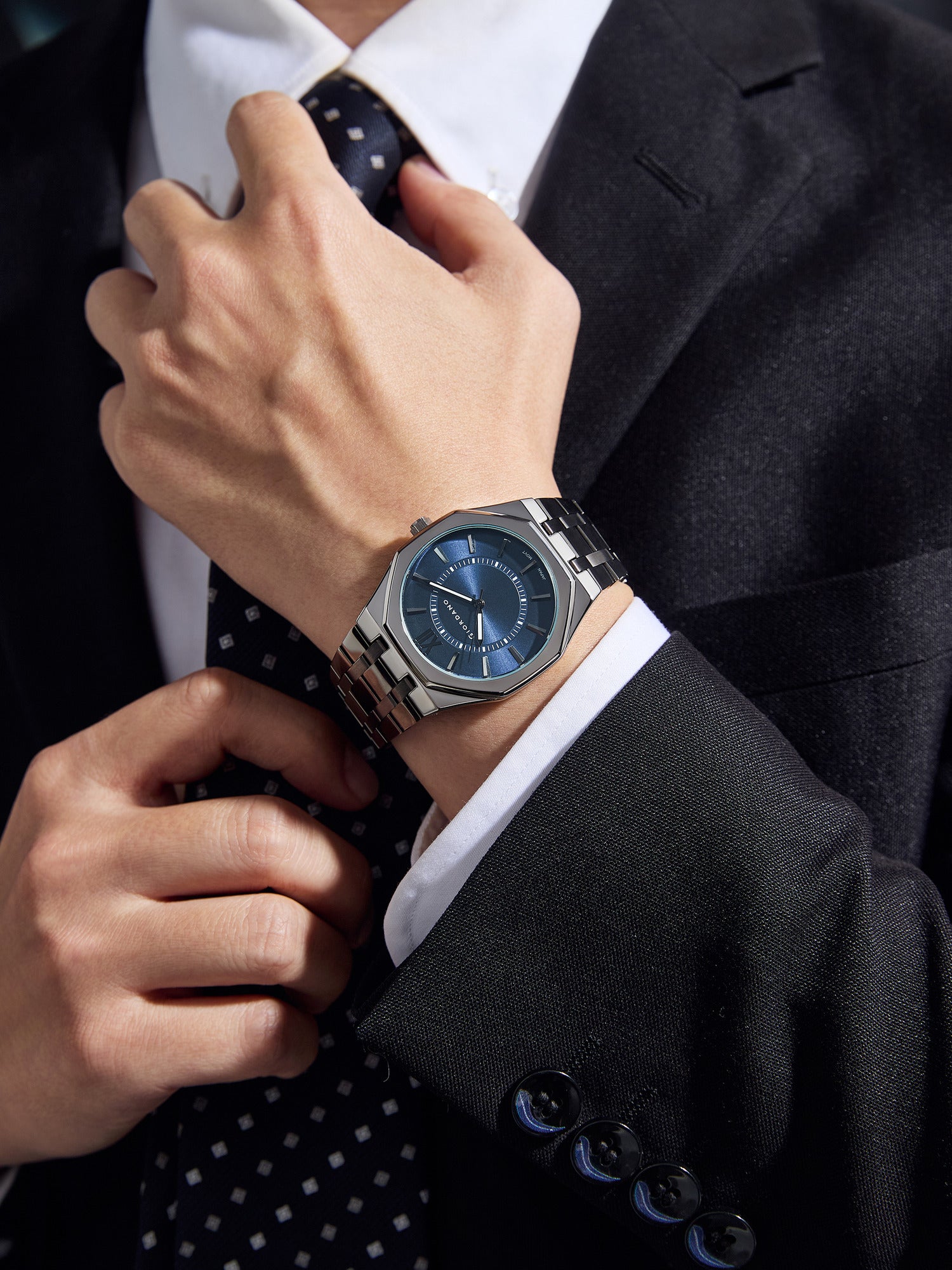 Giordano Analog Quartz Watch for Men with Blue Sunray Round Dial, Roman XII & Luminous Hands Markers, Faceted Octagonal Bezel and Black Stainless Steel Strap - GZ-50191-55