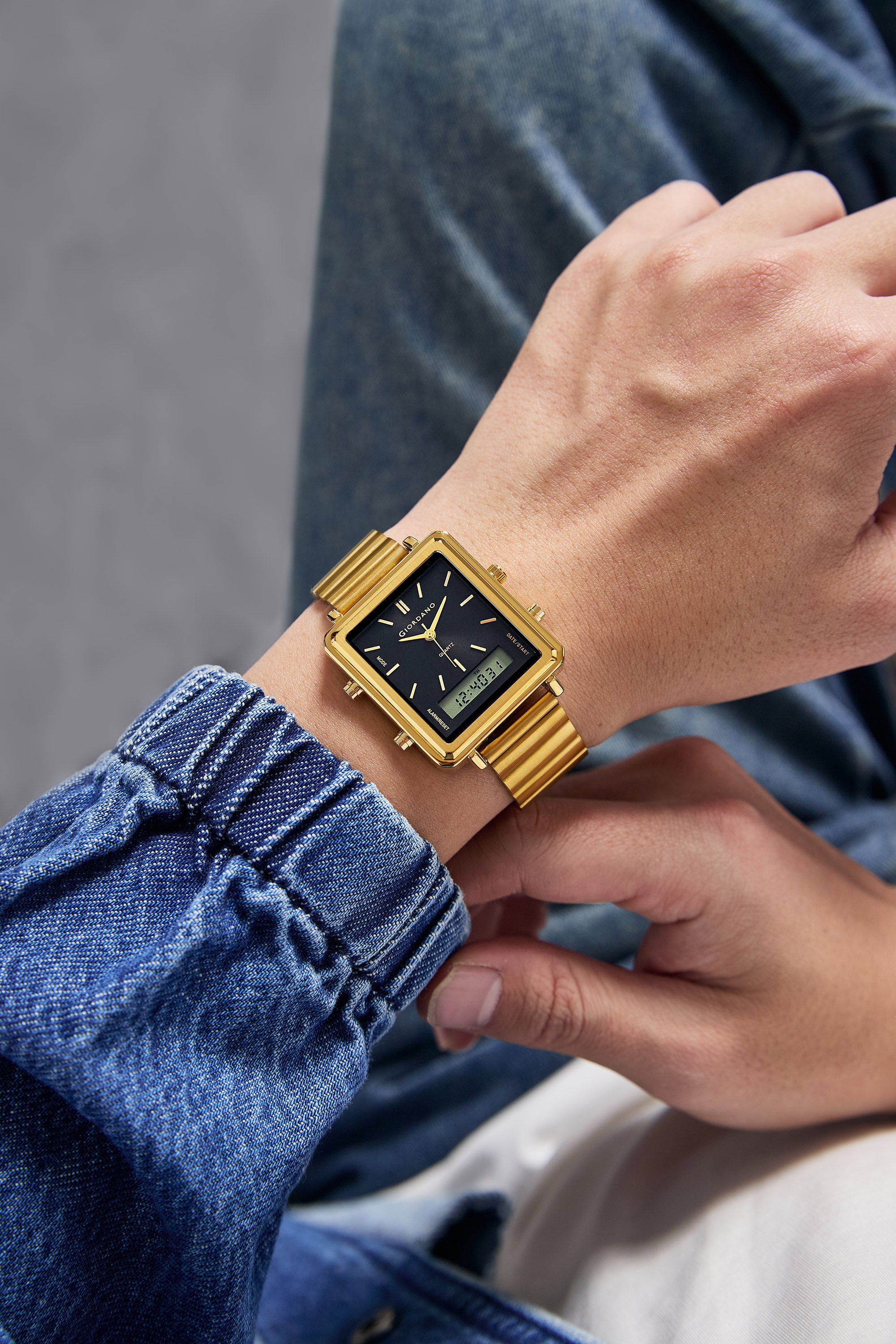 Giordano Analog Digital Watch for Men with Square Black Dial, Dual Time Display, Gold Stainless Steel Strap - GZ-50210-44