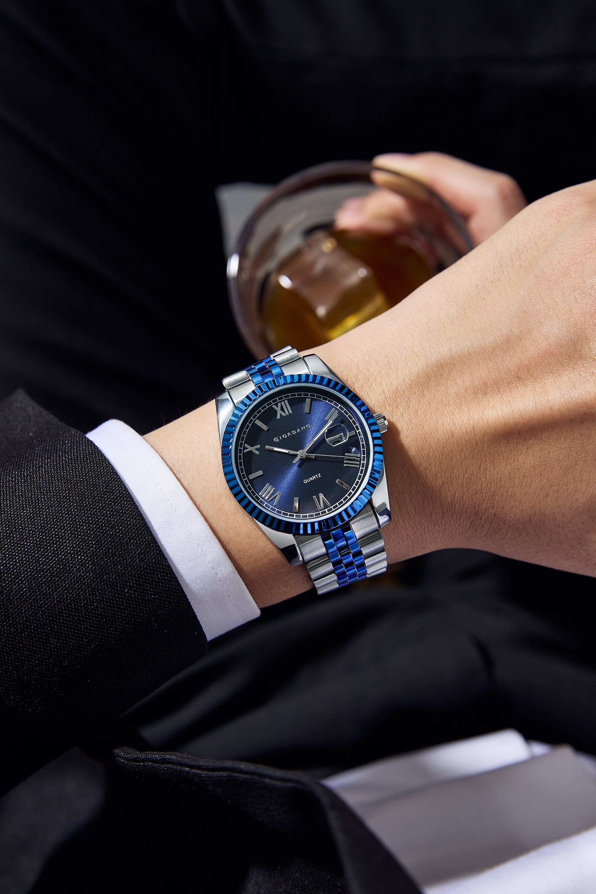 Giordano Analog Quartz Watch for Men with Blue Dial, Roman Numeral & Baton Markers, Date Display, Fluted Bezel and Two-Tone Blue & Silver Stainless Steel Strap - GZ-50190-33