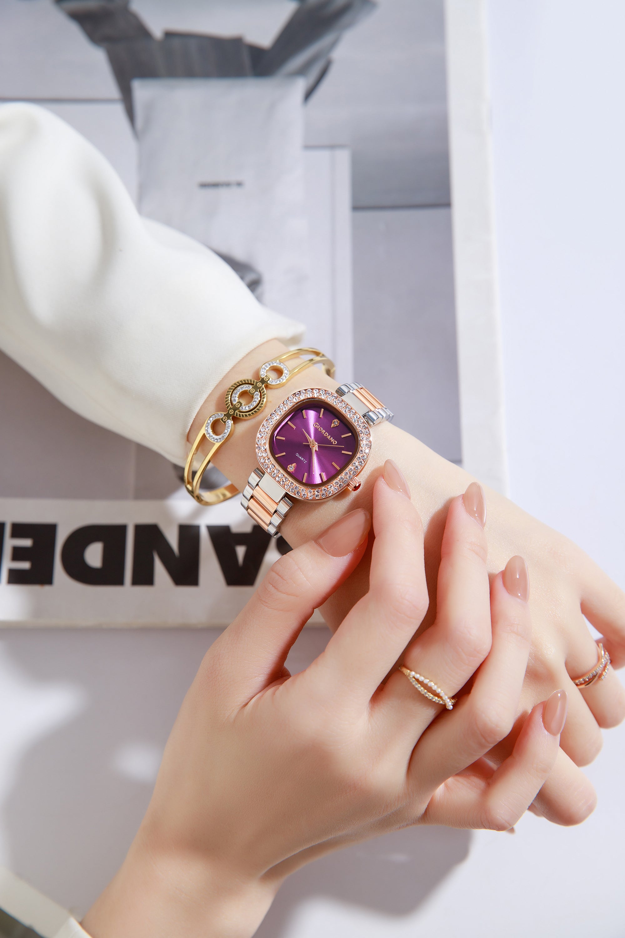 Giordano Analog Quartz Watch for Women with Bangle Square Purple Dial, Blue Crown, Crystal Studded Hour Markers and Bezel, Silver and Rose Gold Stainless Steel Strap - GZ-60166-22