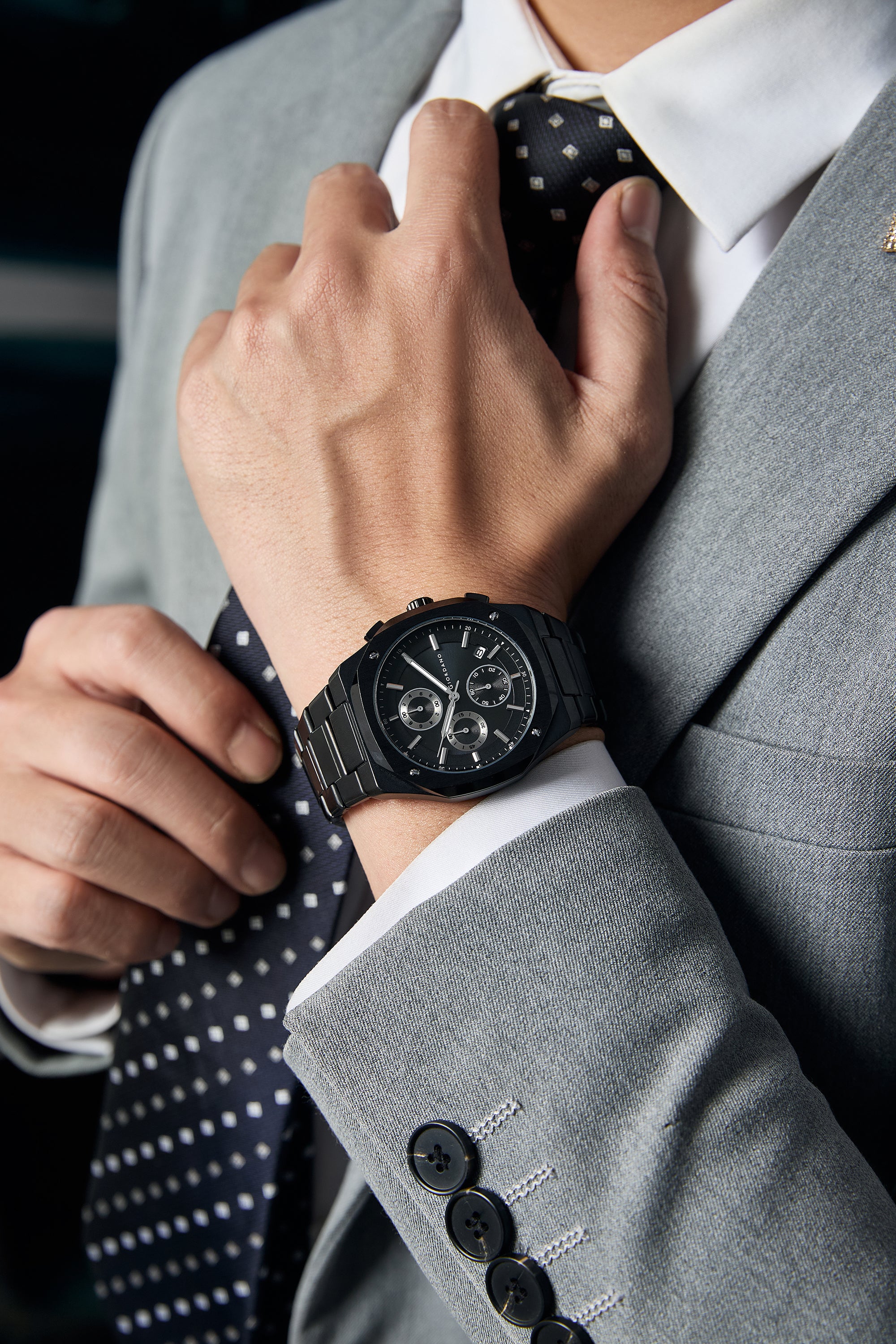Giordano Chronograph Analog Quartz Watch for Men with Round Black Dial, Octgonal case, Date Function, Luminous Hands and Hour Markers, Black Stainless Steel Strap - GZ-50202-11
