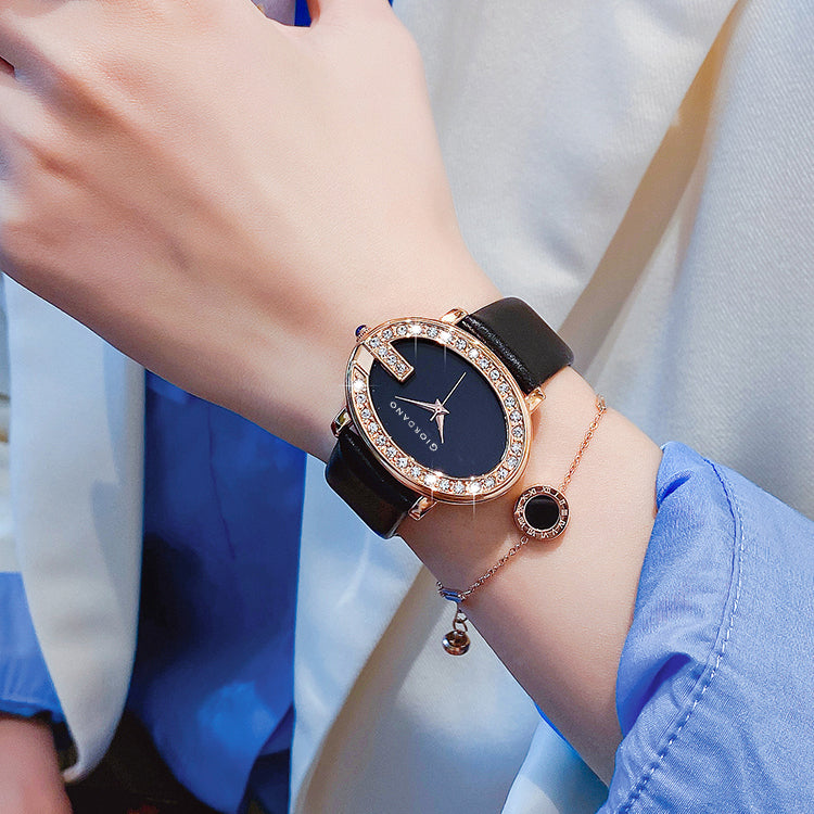 Giordano Monogram Watch for Women with Elegant Oval Shape Dial ,crystal bezel, Quartz Movement and Leather Strap | GZ-60105-01